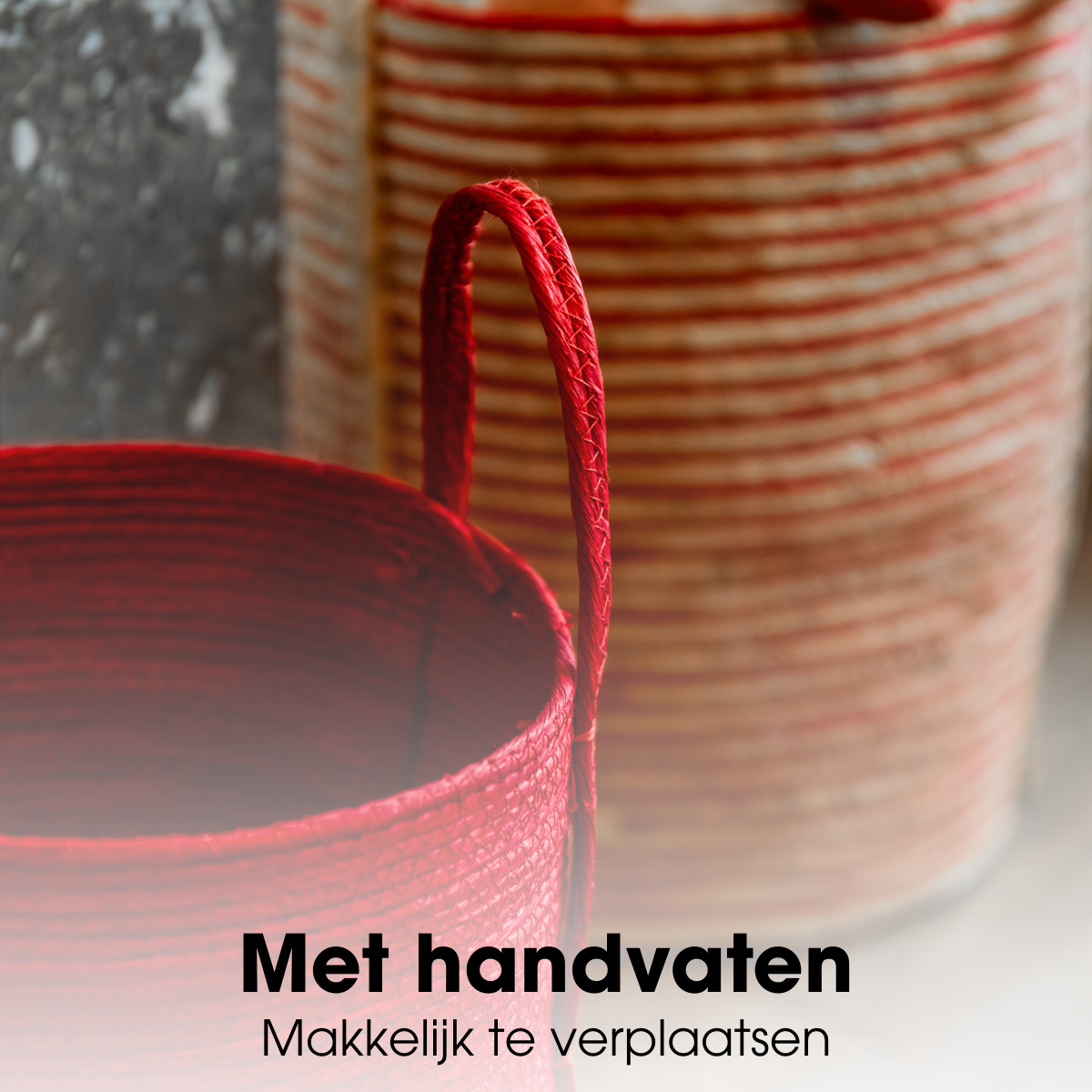 Deux paniers de rangement tissés rouges avec des poignées se trouvent à l'intérieur.