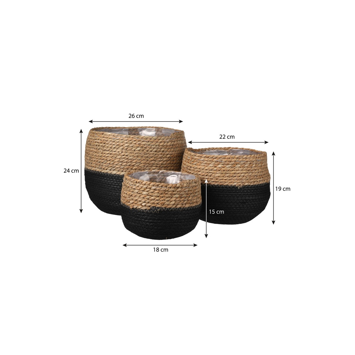 Trois paniers tressés noirs et naturels avec dimensions.