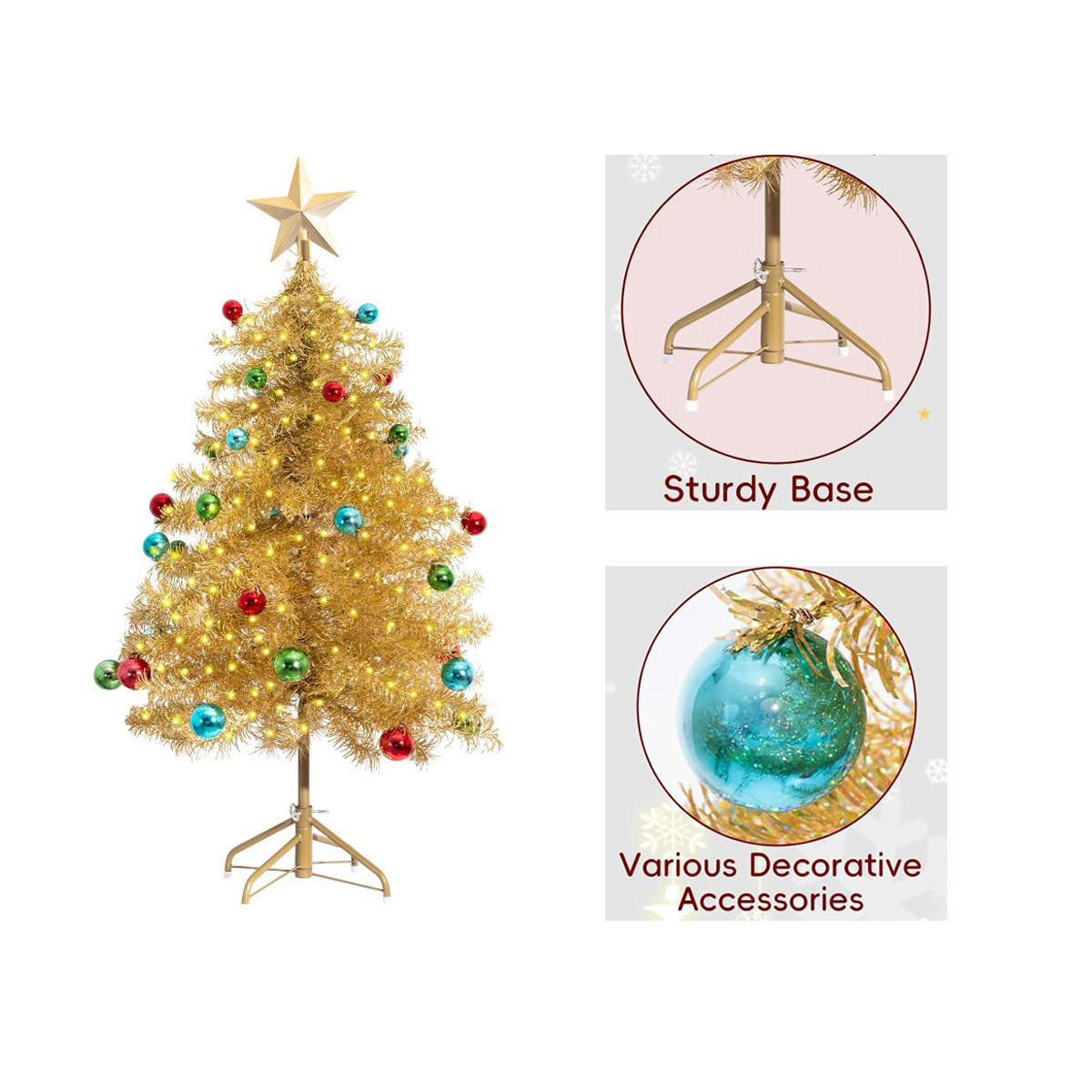 Ein goldener Weihnachtsbaum mit Lichtern, bunten Kugeln, einem Stern oben, einem stabilen Ständer und Dekorationen.