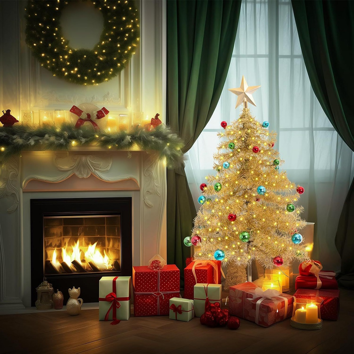 Ein geschmückter Weihnachtsbaum, ein Kaminfeuer und Geschenke in einem festlichen Zimmer.