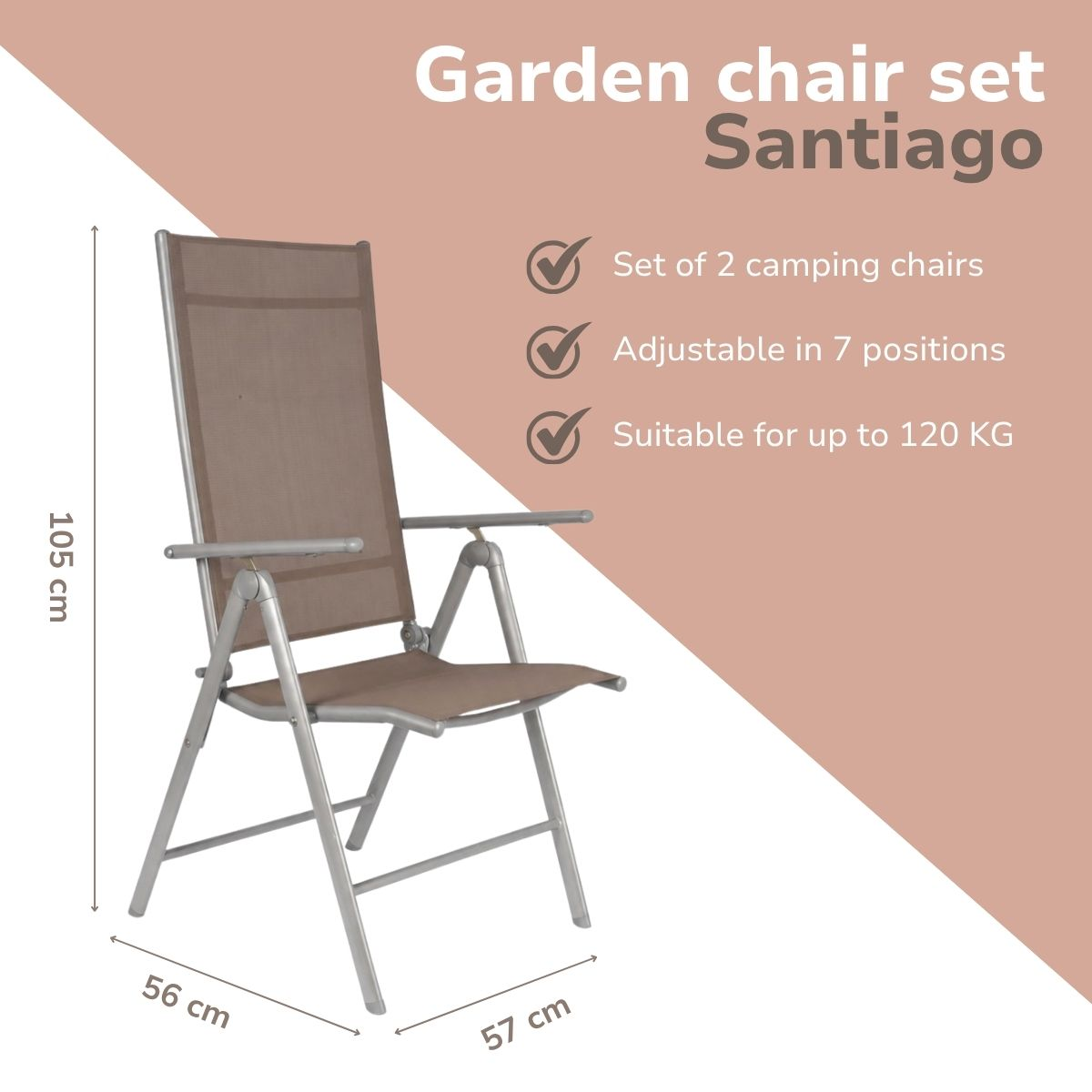 Santiago Gartenstuhl mit Maßen und Eigenschaften auf beigem Hintergrund.