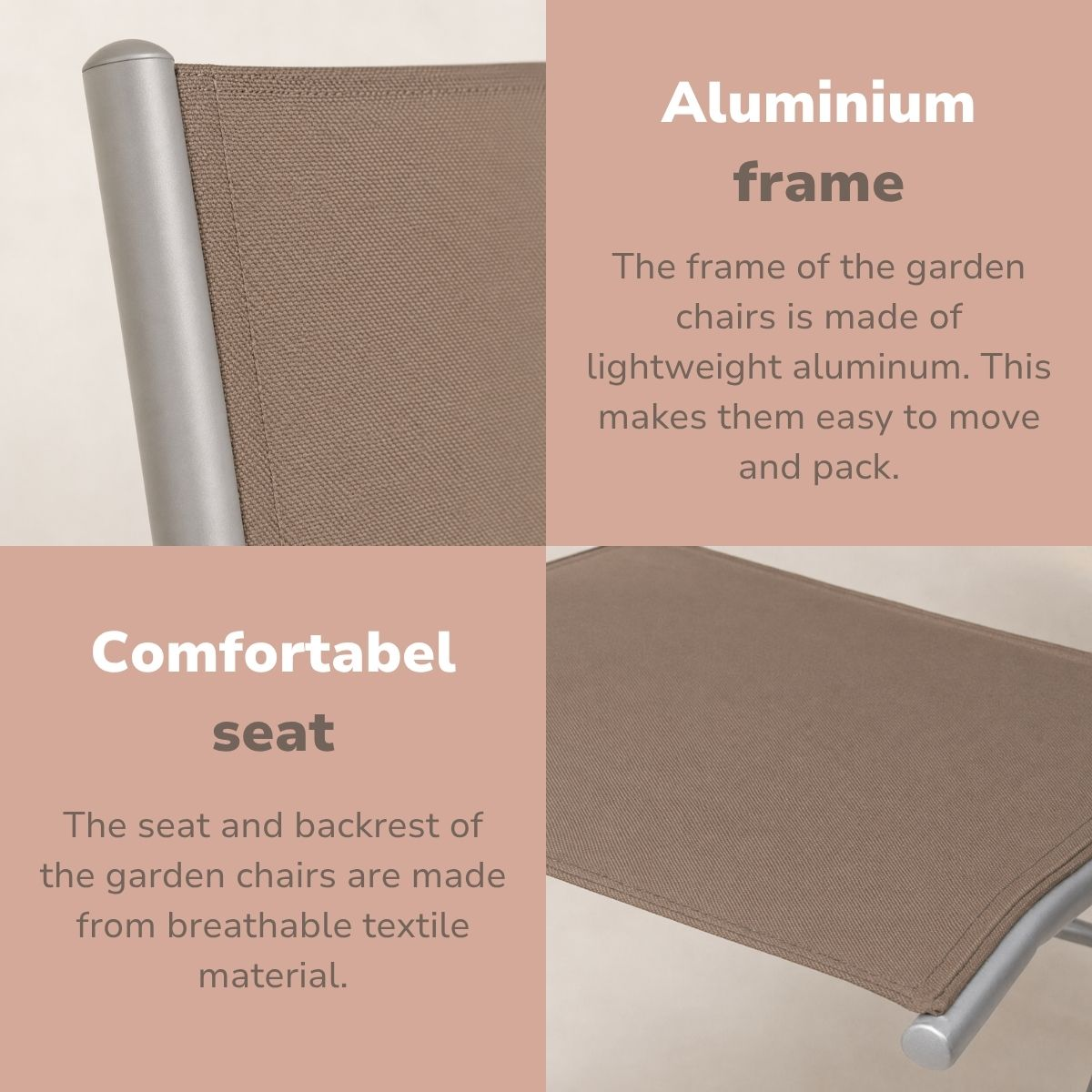 Ein Bild zeigt eine Aluminiumrahmen-Details und den Text Comfortabel seat.