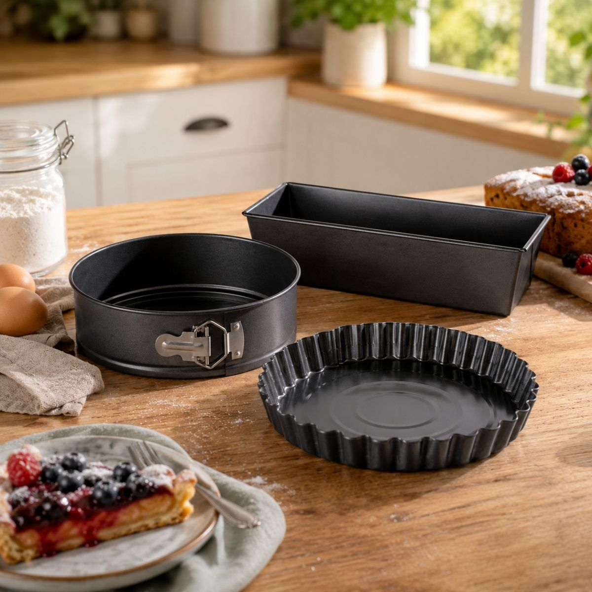 Drei schwarze Backformen auf einer Holzküchentheke mit einer Beeren-Tarte und Zutaten im Hintergrund.