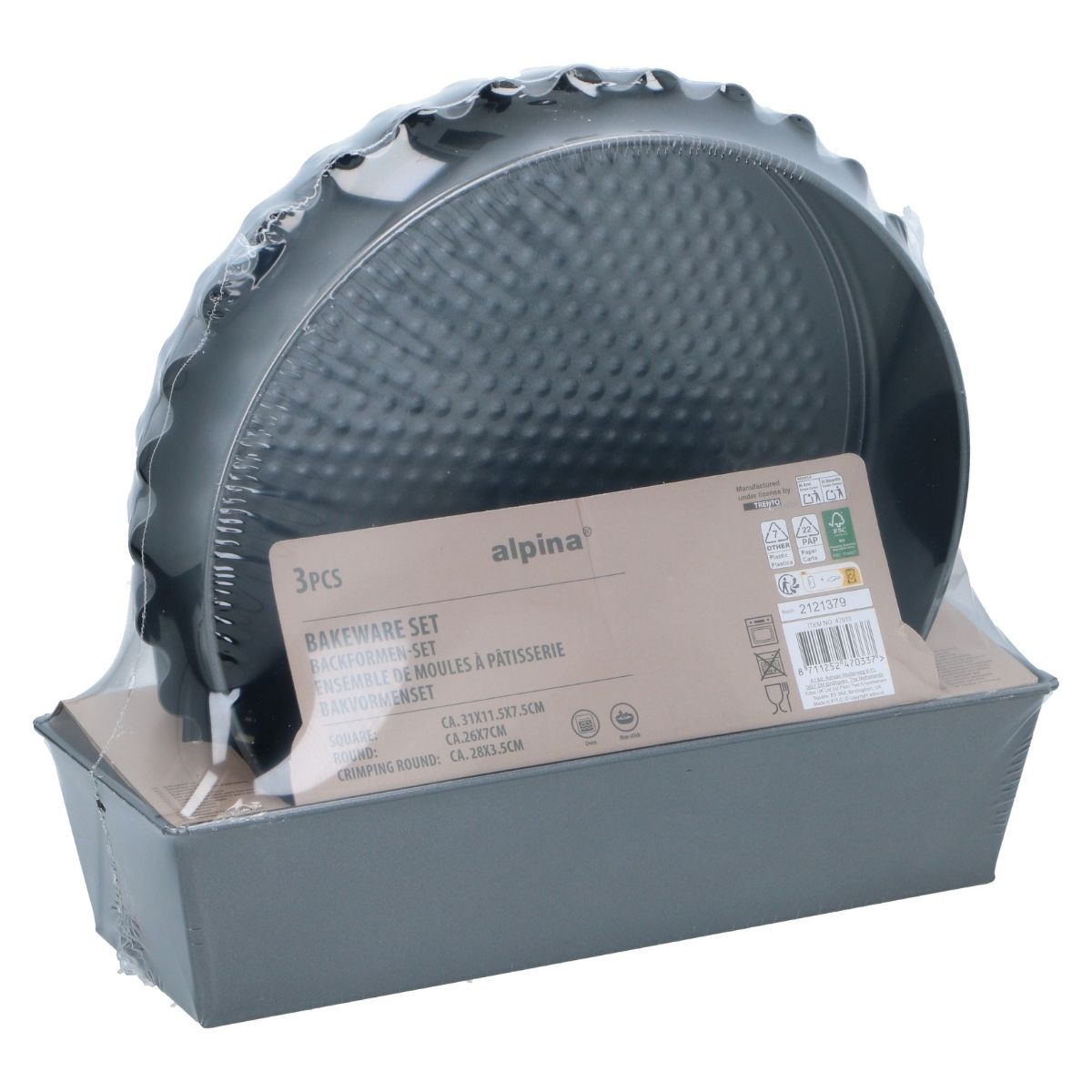 Ein originalverpacktes Alpina Backformen-Set mit drei Teilen auf einem weißen Hintergrund.