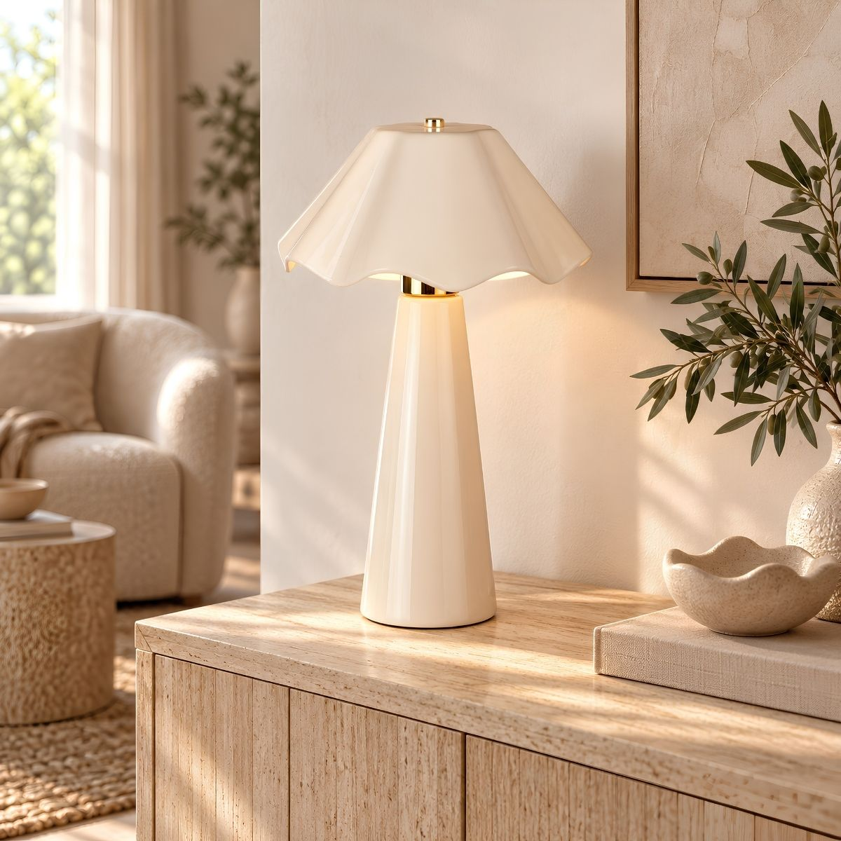 Eine beige Keramiklampe mit geriffeltem Schirm steht auf einem Holzschrank neben einer Schale und einer Pflanze.