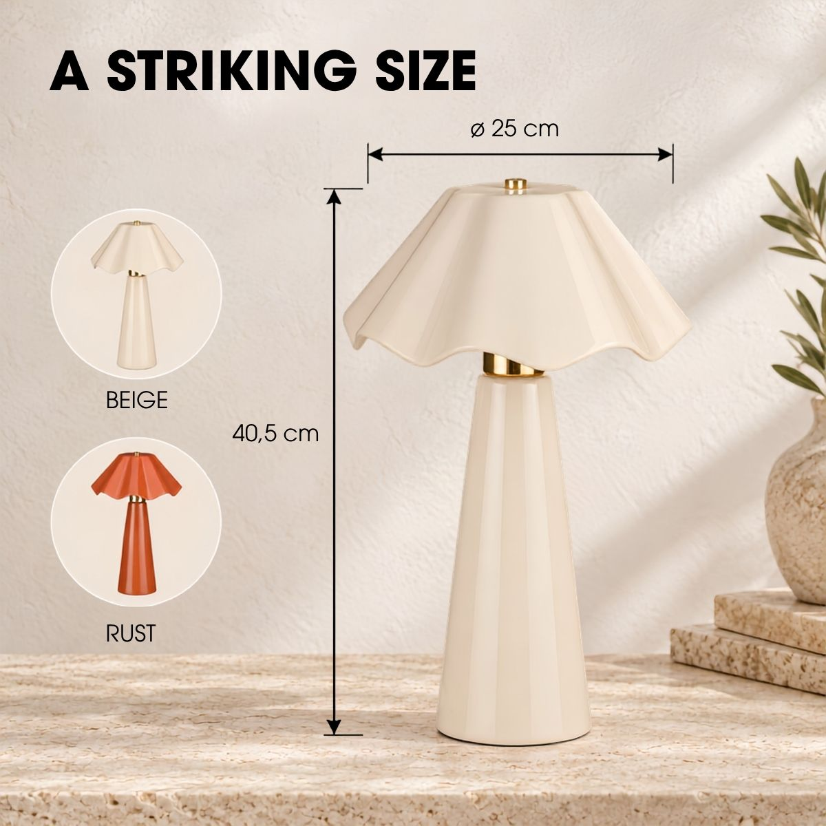 Beige Tischlampe mit Maßen: 40,5 cm Höhe und 25 cm Durchmesser, in Beige und Rost erhältlich.