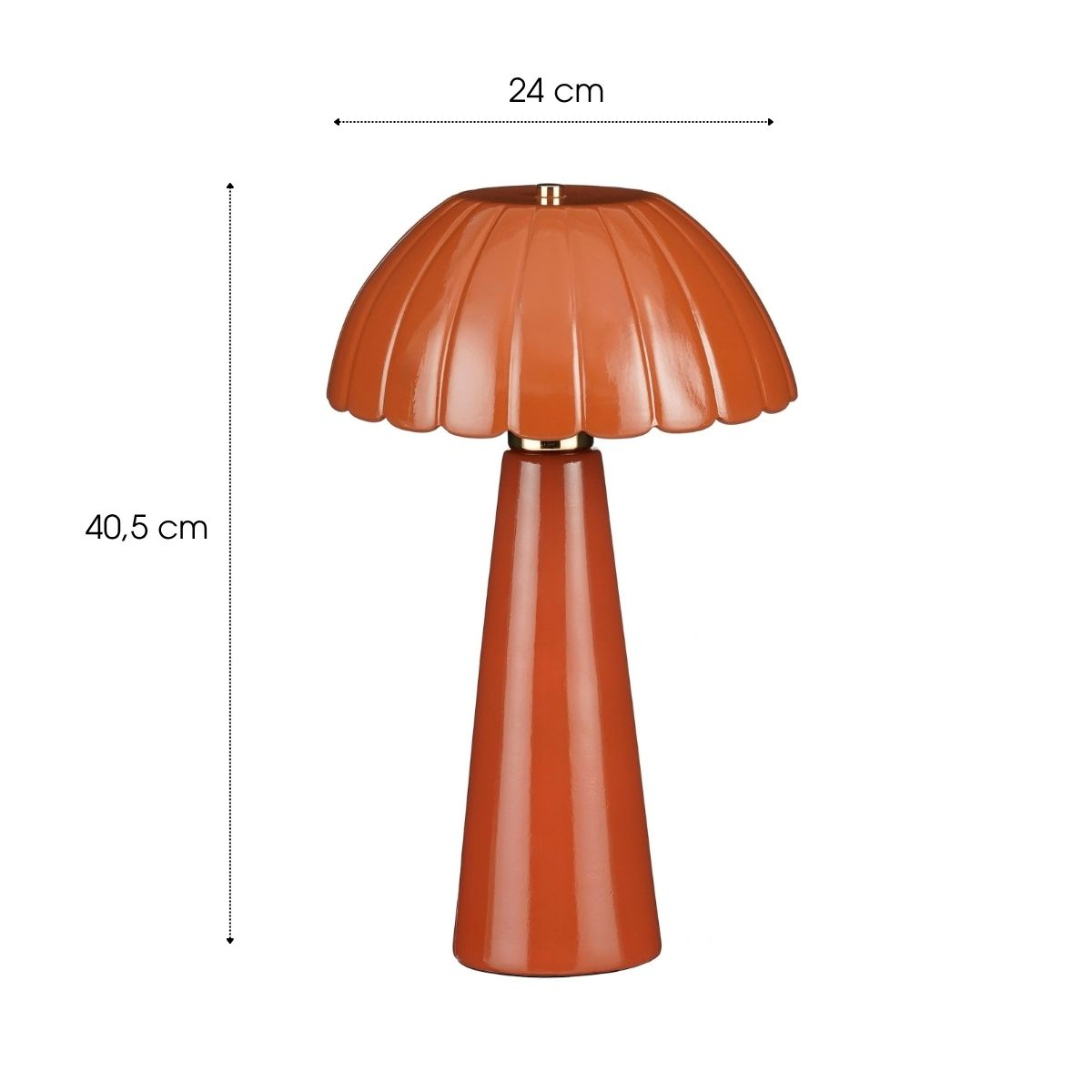 Glänzende orange Pilz-Tischlampe mit Maßen: 24 cm breit und 40,5 cm hoch.