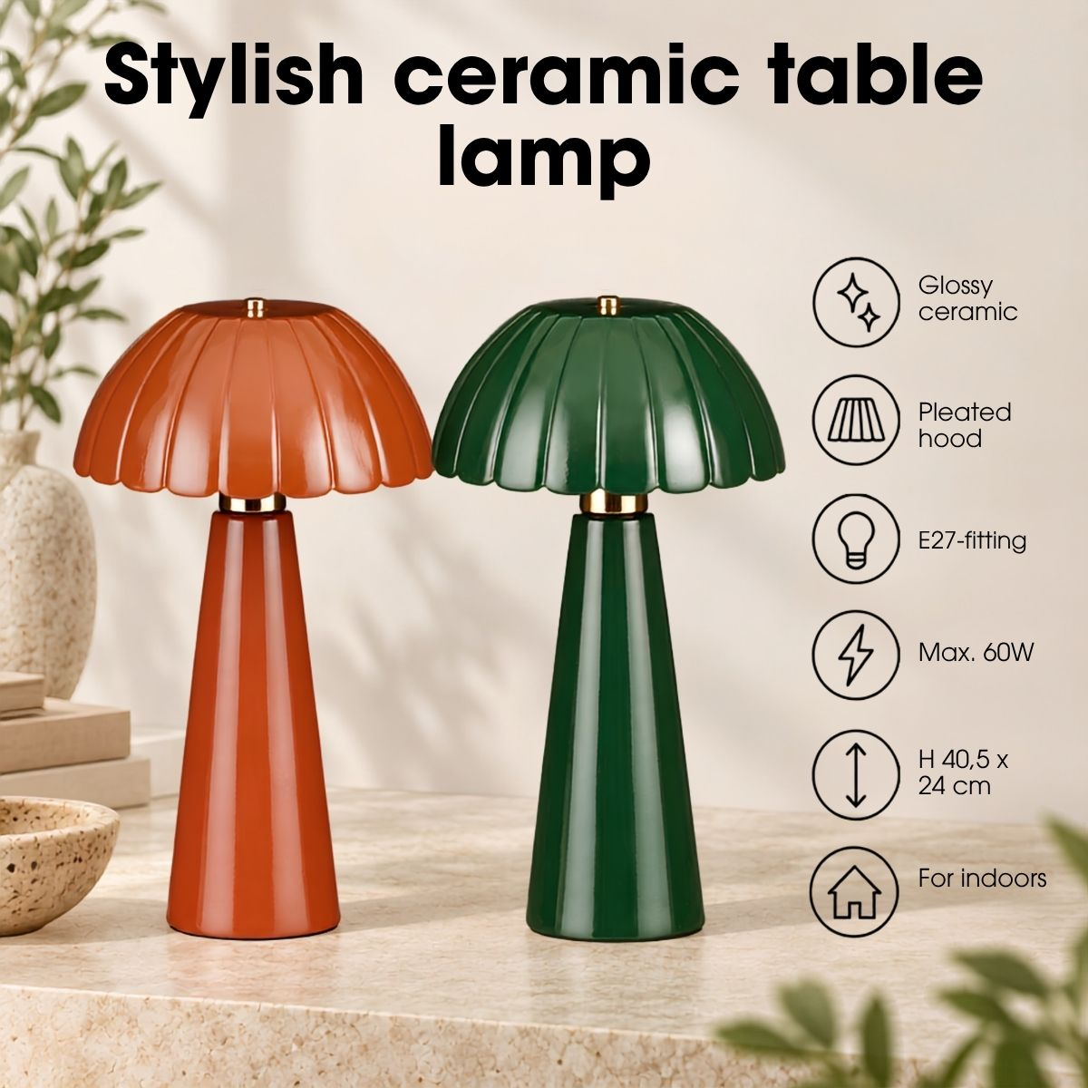 Zwei glänzende Keramiktischlampen in Orange und Grün stehen auf einem Tisch mit Produktmerkmalen daneben.
