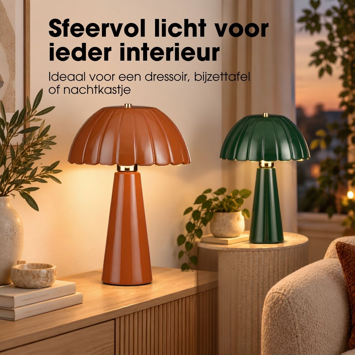 Eine orangefarbene Pilzlampe steht auf einem Sideboard mit Text, eine grüne Lampe ist im Hintergrund zu sehen.