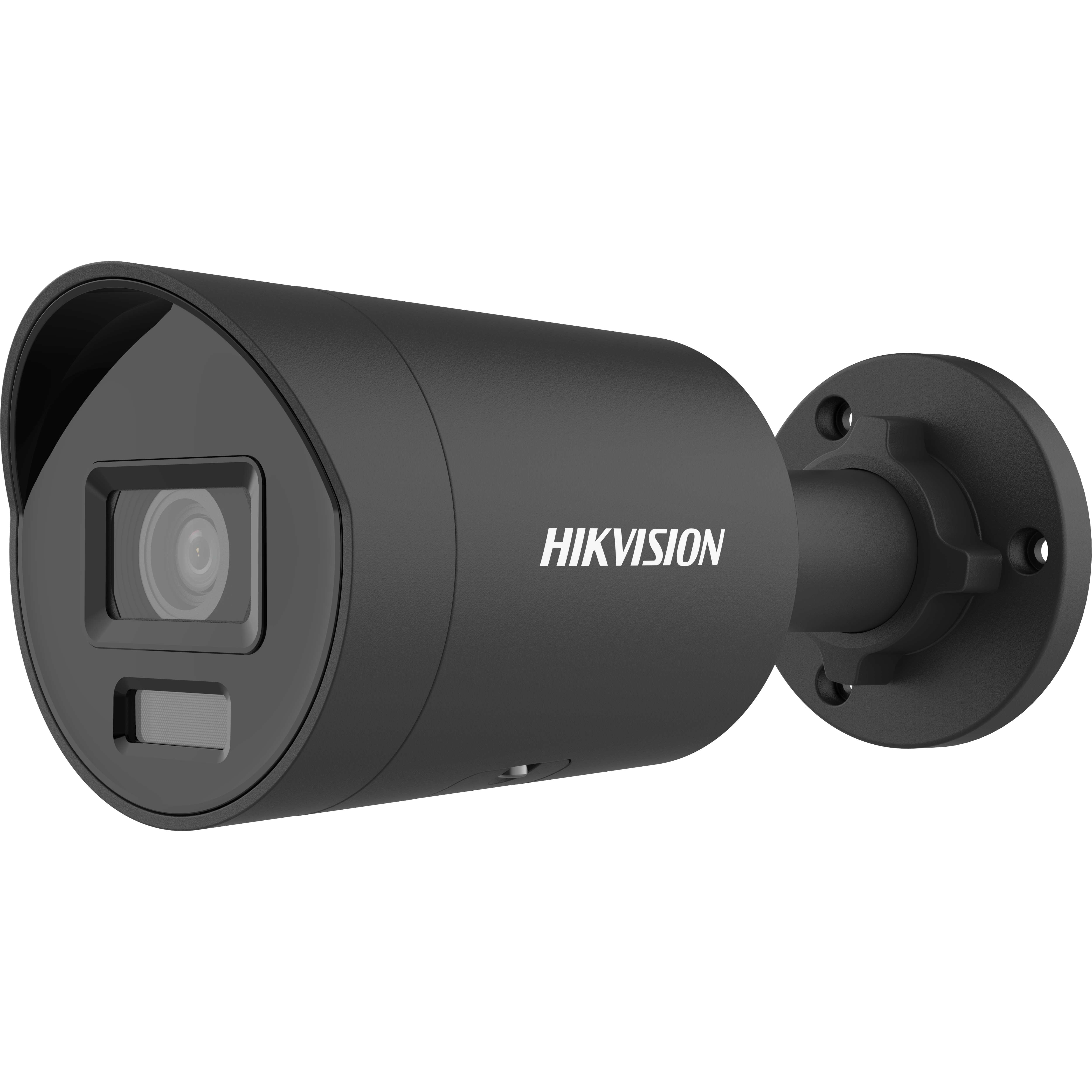 Eine schwarze Hikvision-Überwachungskamera vor weißem Hintergrund mit Linse und Sensor vorne.