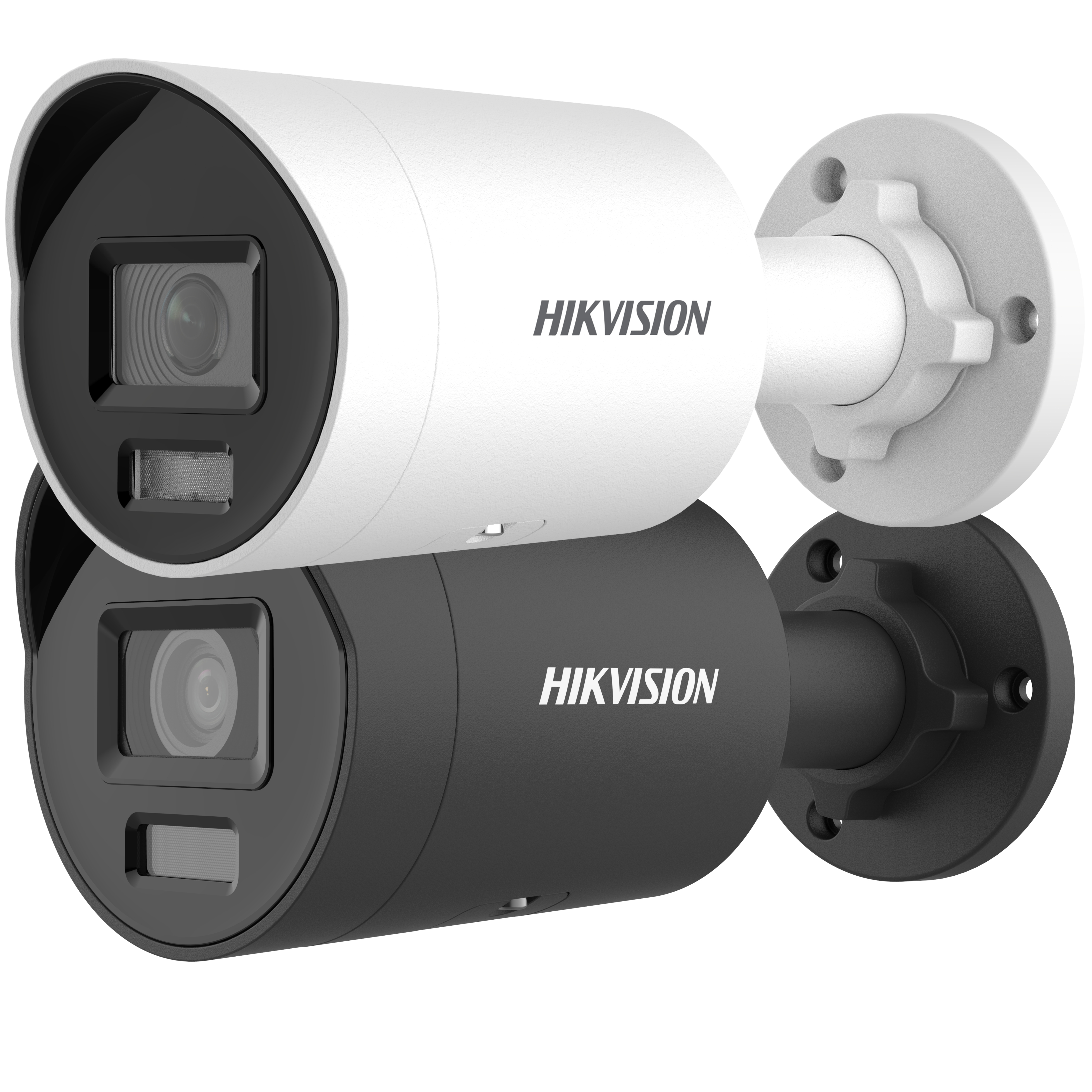 Zwei Hikvision Überwachungskameras, eine weiß, eine schwarz, mit Wandhalterung auf weißem Hintergrund.