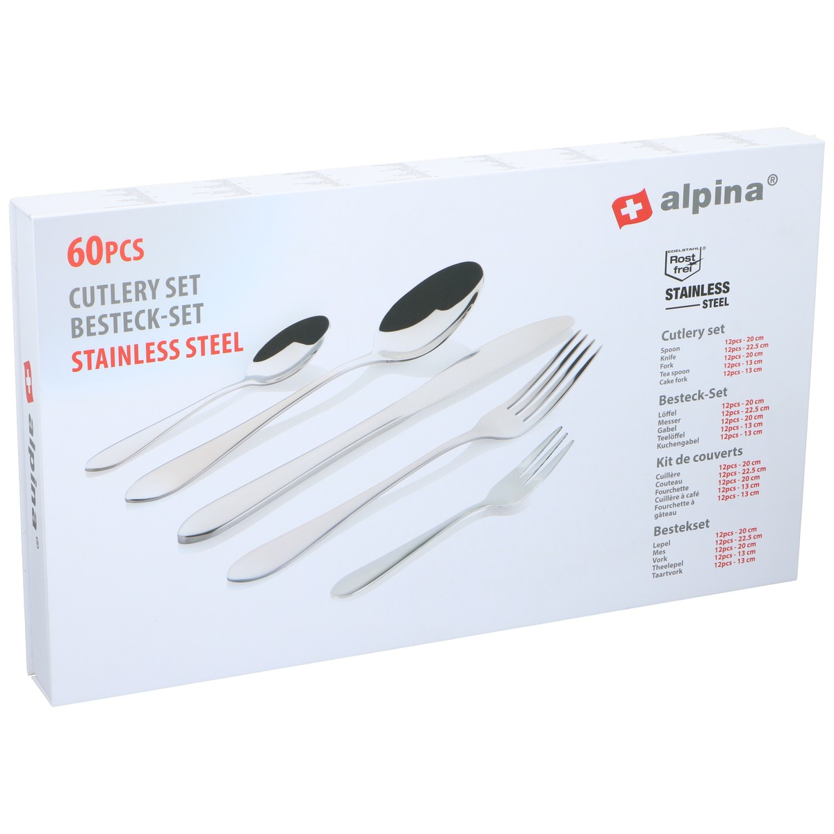 Weiße Alpina Edelstahl-Besteckset-Box für 60 Personen mit Abbildungen der Utensilien.