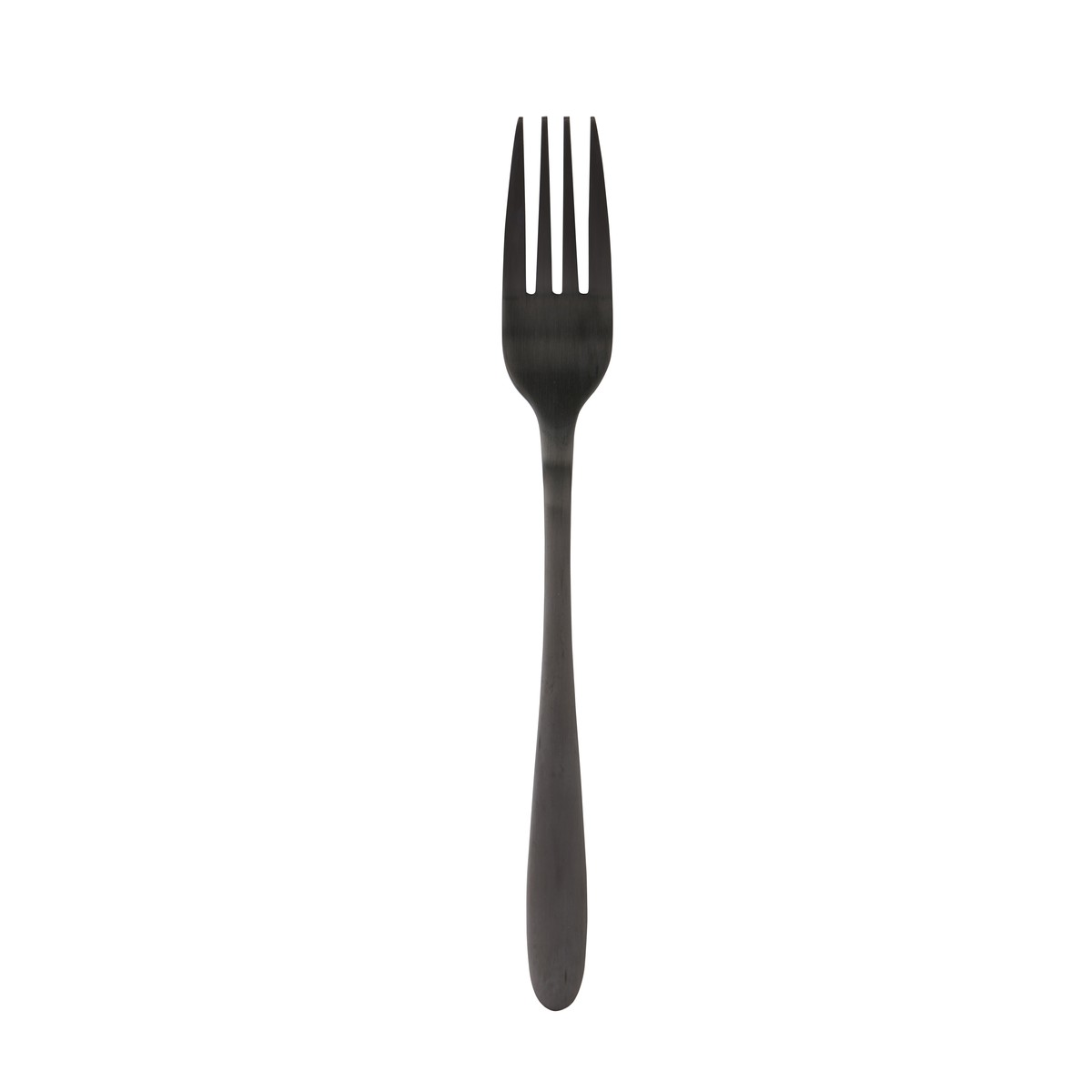 Eine matte, schwarze Metallgabel vor weißem Hintergrund.