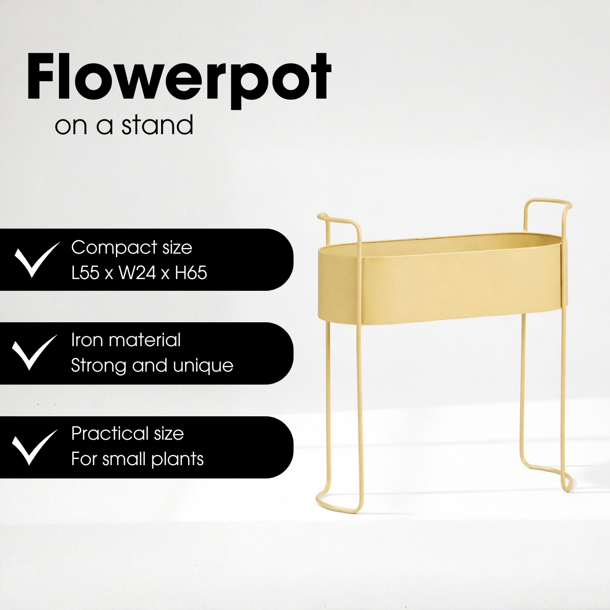 Jardinière rectangulaire beige sur support métallique sur fond blanc.