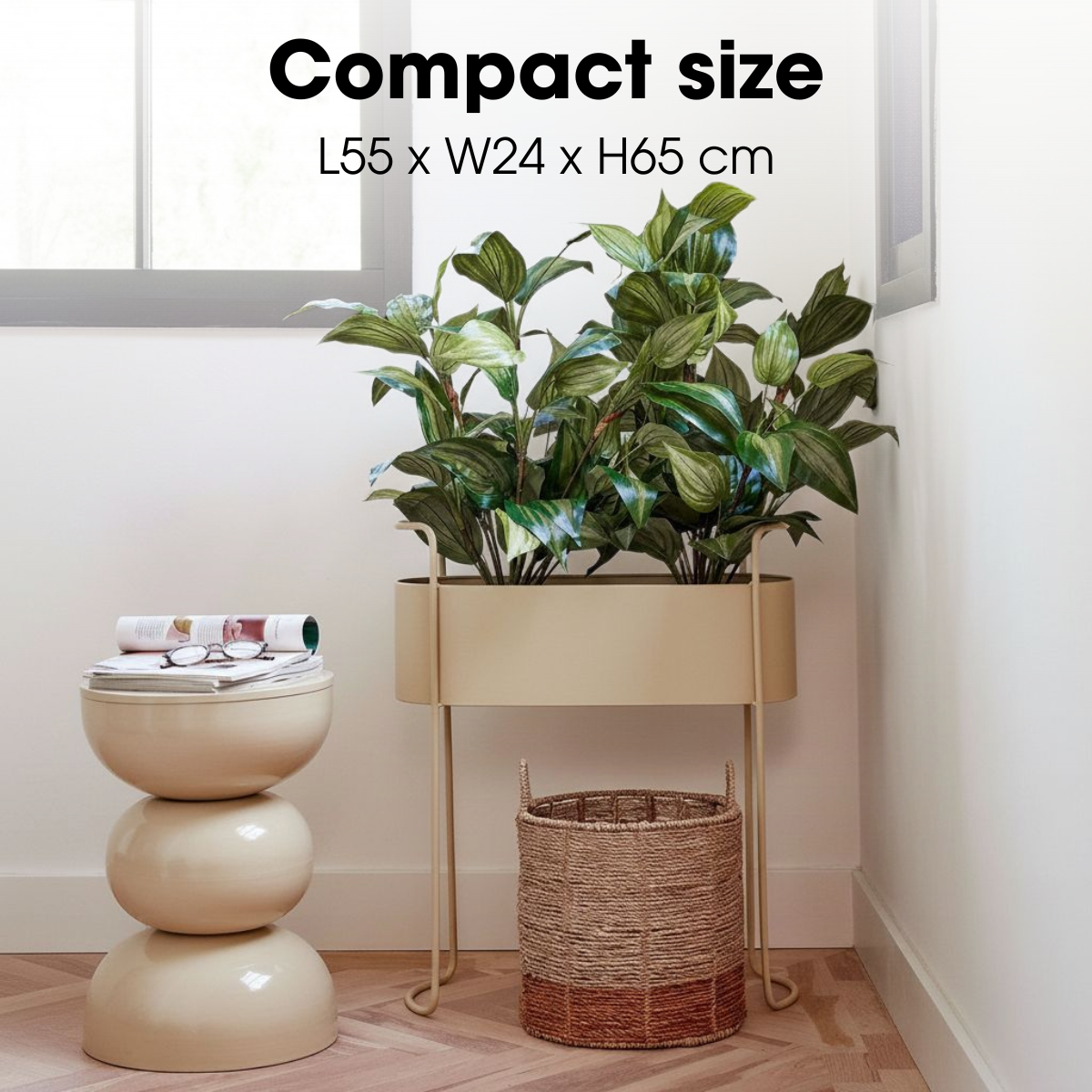 Un porte-plante avec des plantes vertes, une table d'appoint et un panier dans une pièce lumineuse.