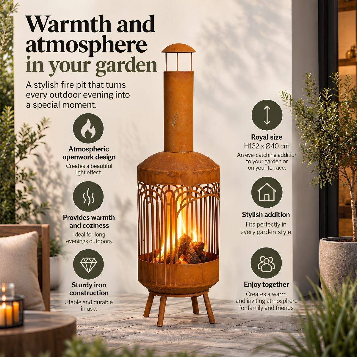 Eine rostige Metall-Chiminea brennt auf einer Terrasse mit erklärendem Text und Symbolen.