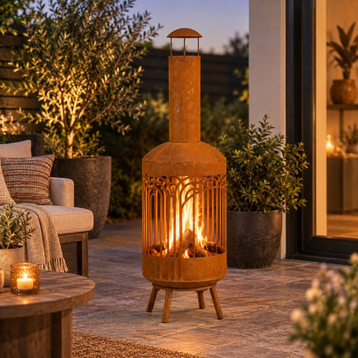 Rostfarbener Metall-Terrassenkamin brennt abends auf einer Terrasse im Garten.