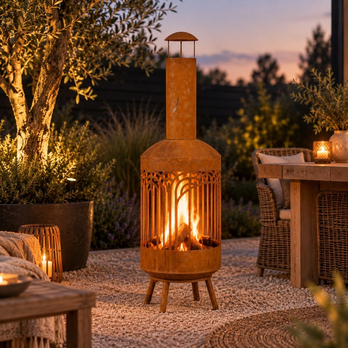 Ein rostfarbener Metallkamin brennt abends auf einer Terrasse mit Kies und Gartenmöbeln.