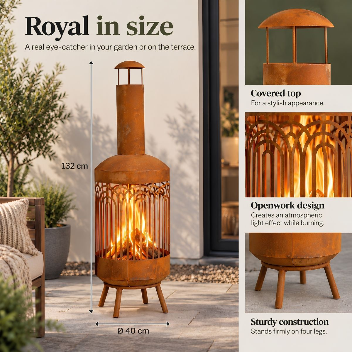 Rostfarbene Feuerstelle mit Kamin, ornamentalem Muster, vier Beinen und brennendem Feuer im Garten.