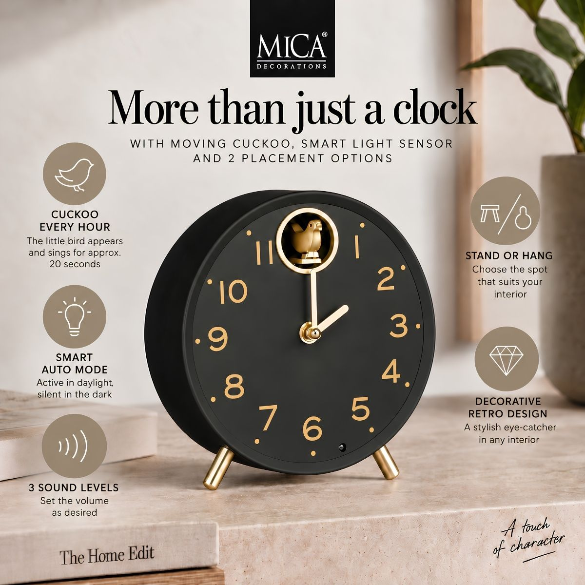 Schwarze Retro-Wanduhr mit goldenen Ziffern, einem Vögelchen oben und Texten zu den Funktionen auf beige Hintergrund.