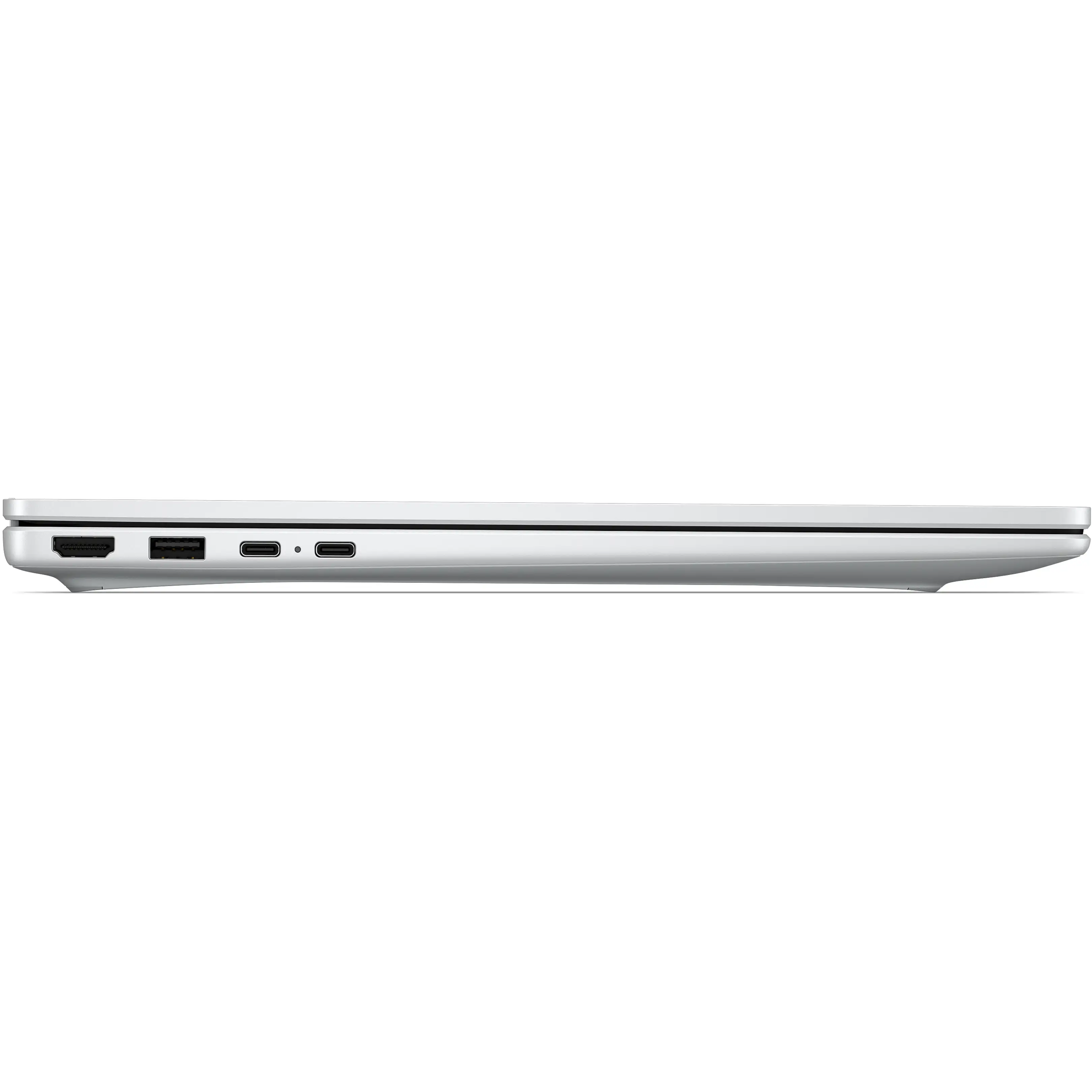 Vista laterale di un laptop argento con porte HDMI, USB e due USB-C su sfondo nero.
