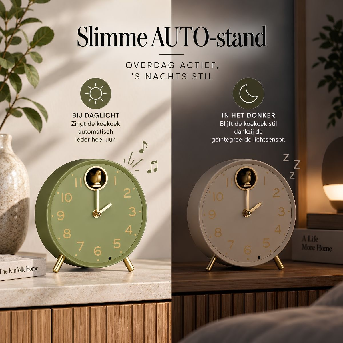Grüne Uhr singt tagsüber, graue Uhr schläft im Dunkeln.