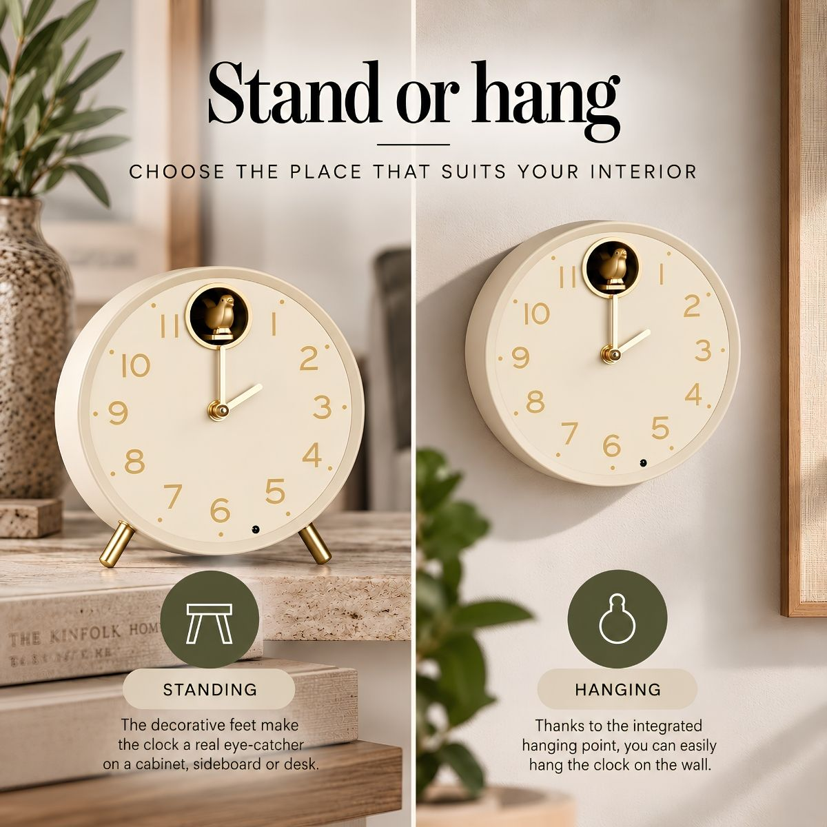 Eine beige Uhr steht auf einem Tisch oder hängt an der Wand, mit goldenen Zahlen und einem kleinen Vogel.