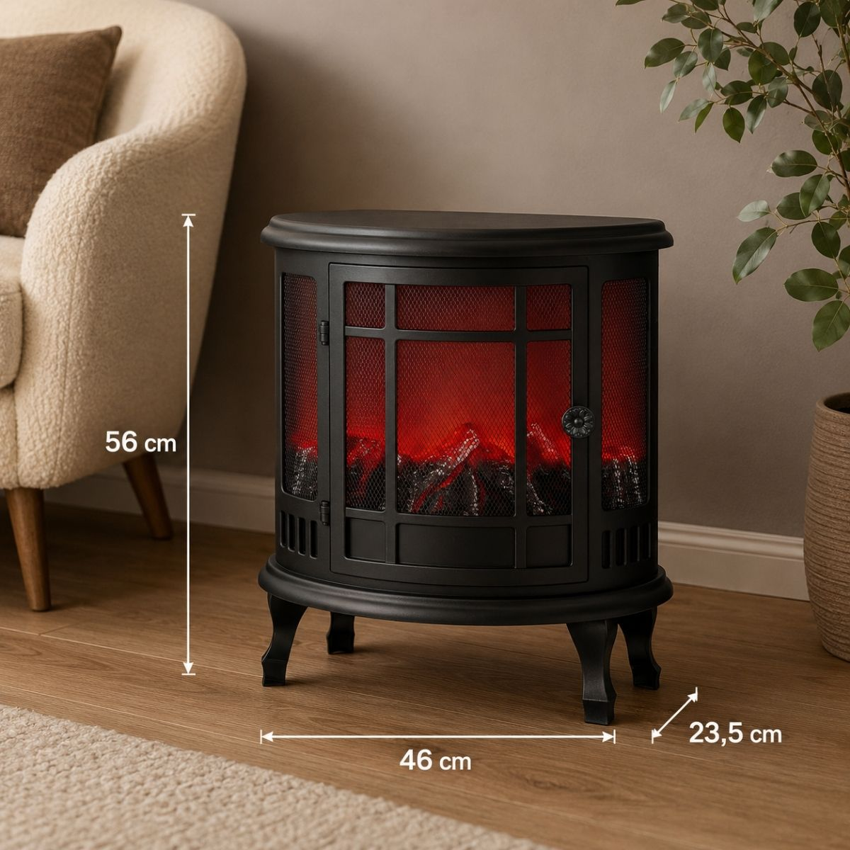 Schwarzer elektrischer Kamin auf Holzfußboden, Maße 56x46x23,5 cm, mit rotem Licht-Effekt.