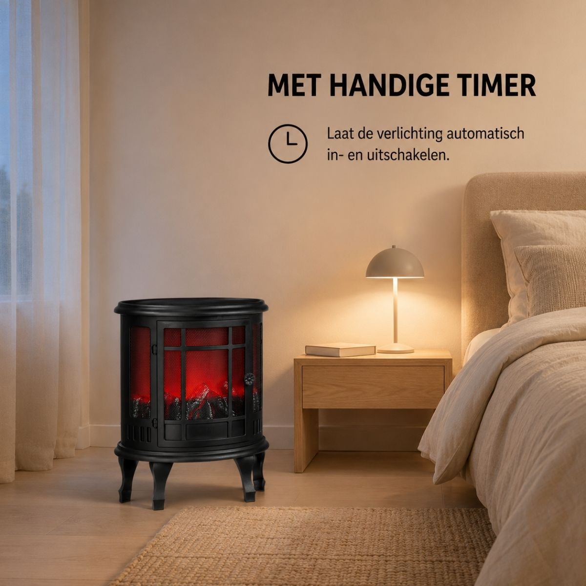 Ein schwarzer elektrischer Kamin im Schlafzimmer neben einem Bett mit einer Nachttischlampe.