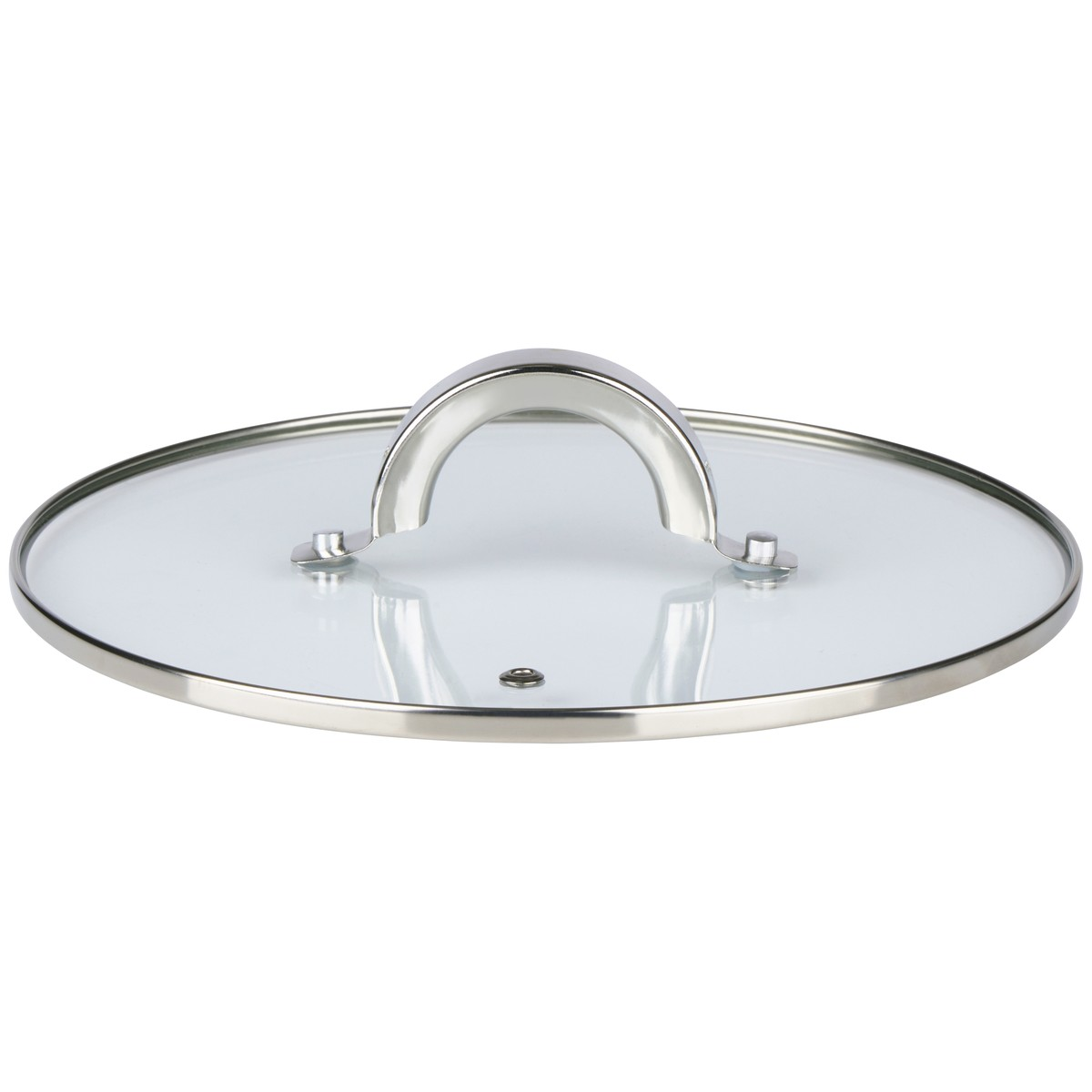 Ein runder Glasdeckel mit silbernem Metallrand und gebogenem Metallgriff vor weißem Hintergrund.