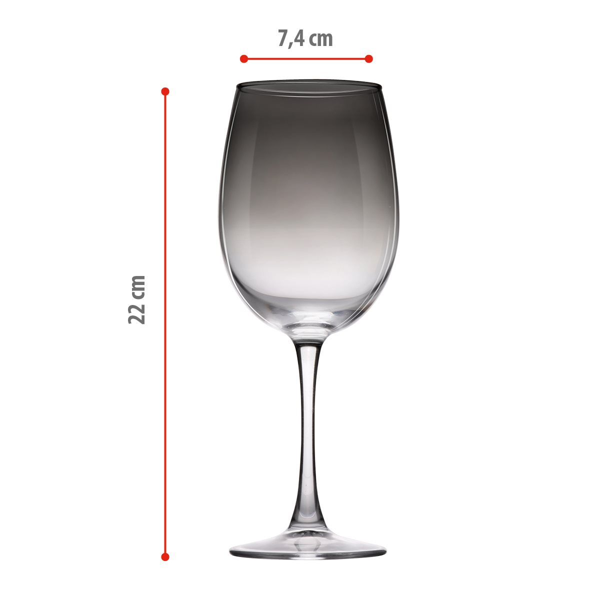 Ein rauchgraues Weinglas mit den Maßen 22 cm Höhe und 7,4 cm Breite vor weißem Hintergrund.