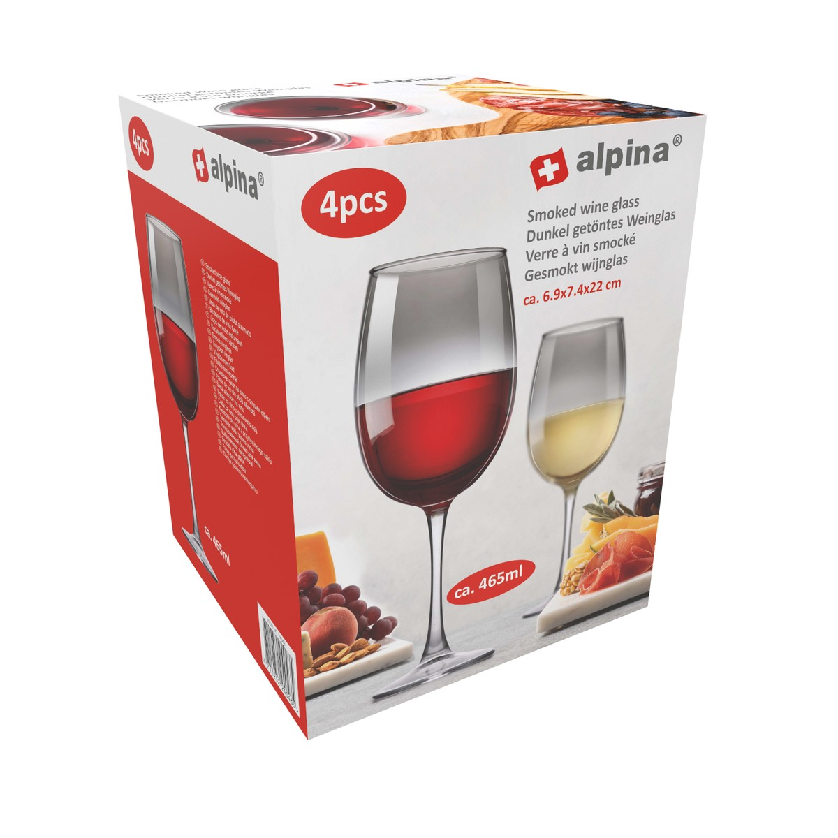 Eine Produktbox für 4 Alpina rauchfarbene Weingläser mit Bildern von Gläsern mit Rot- und Weißwein.