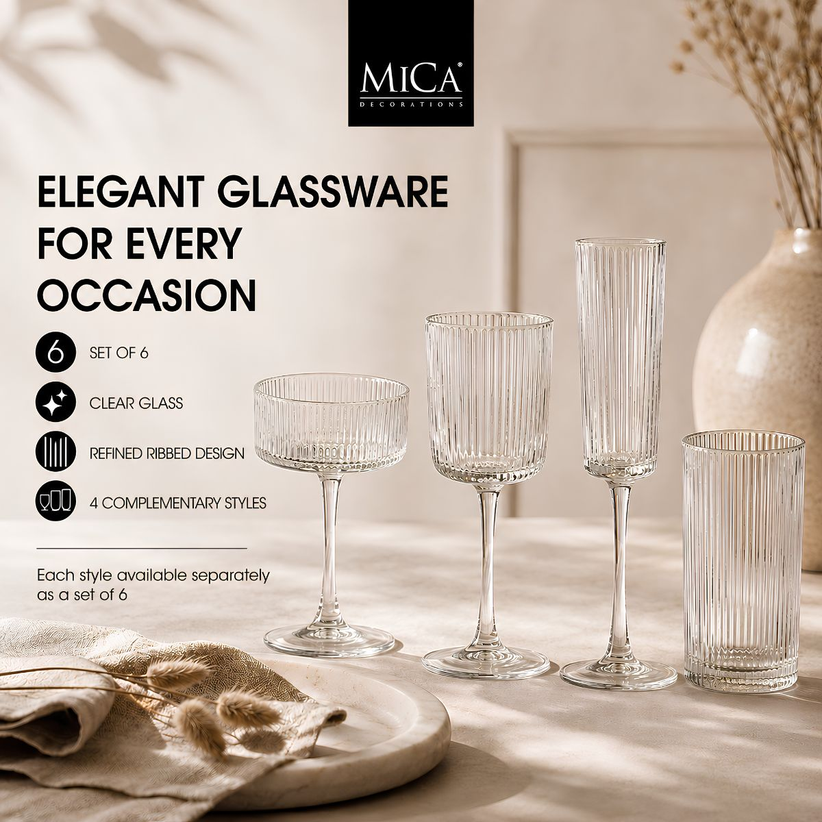 Werbebild für gerippte Gläser von Mica Decorations mit vier verschiedenen Stilen.