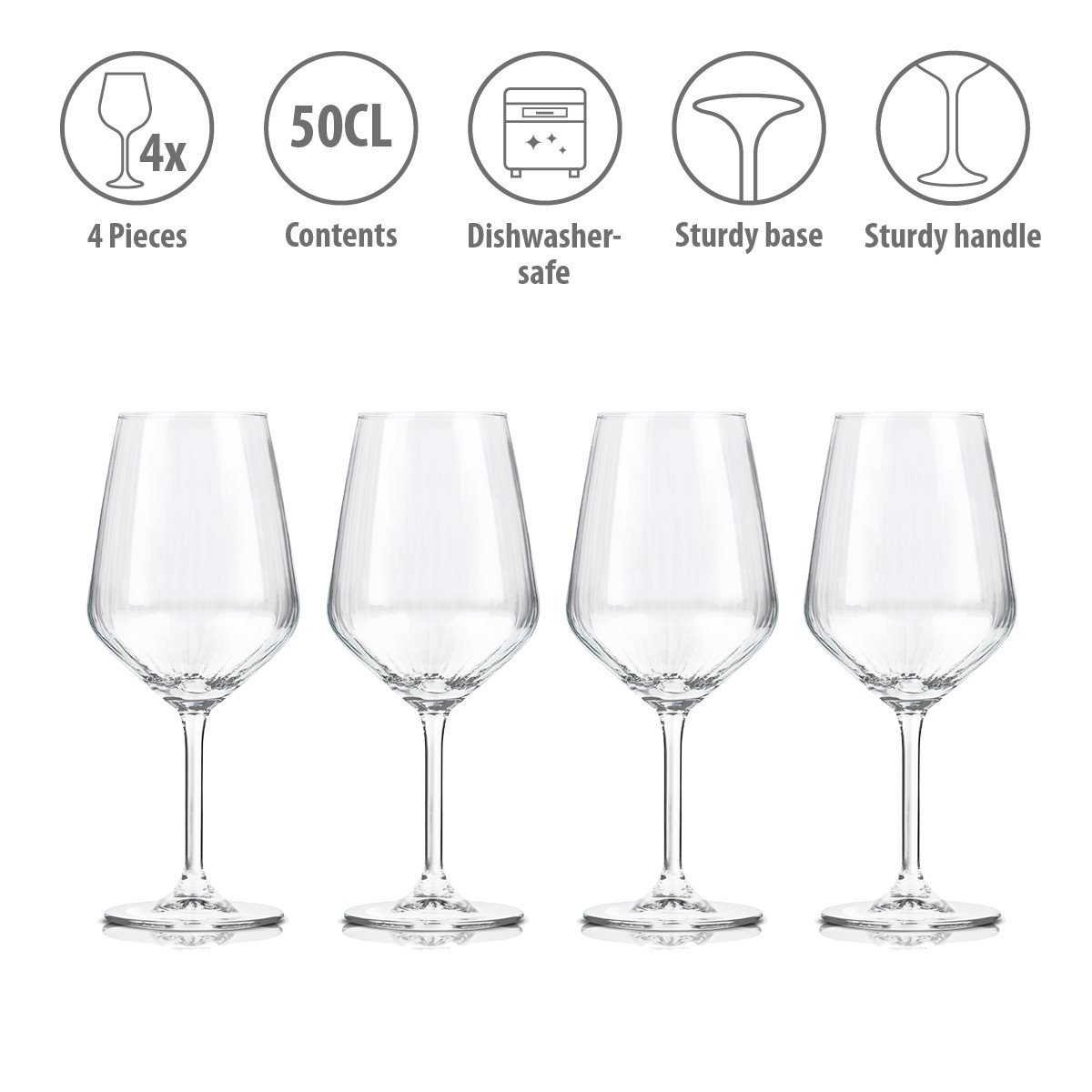 Vier klare Weingläser mit Symbolen oben für 4 Stück, 50cl, Spülmaschinenfest, stabiler Boden und Stiel.