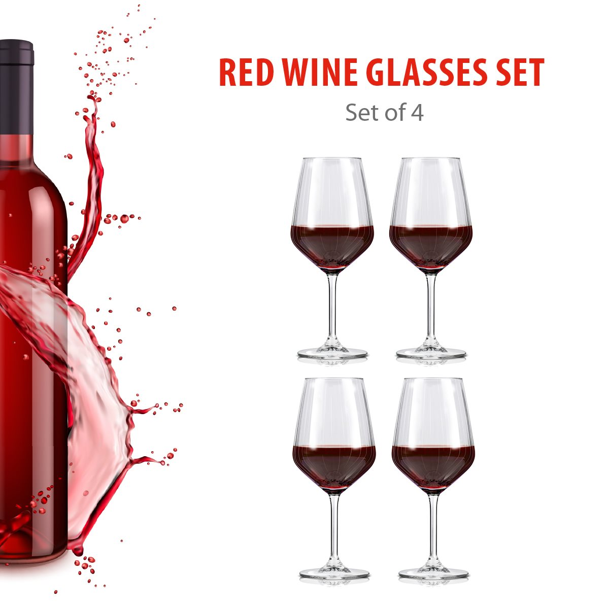 Eine Rotweinflasche mit spritzendem Wein neben vier mit Rotwein gefüllten Gläsern.