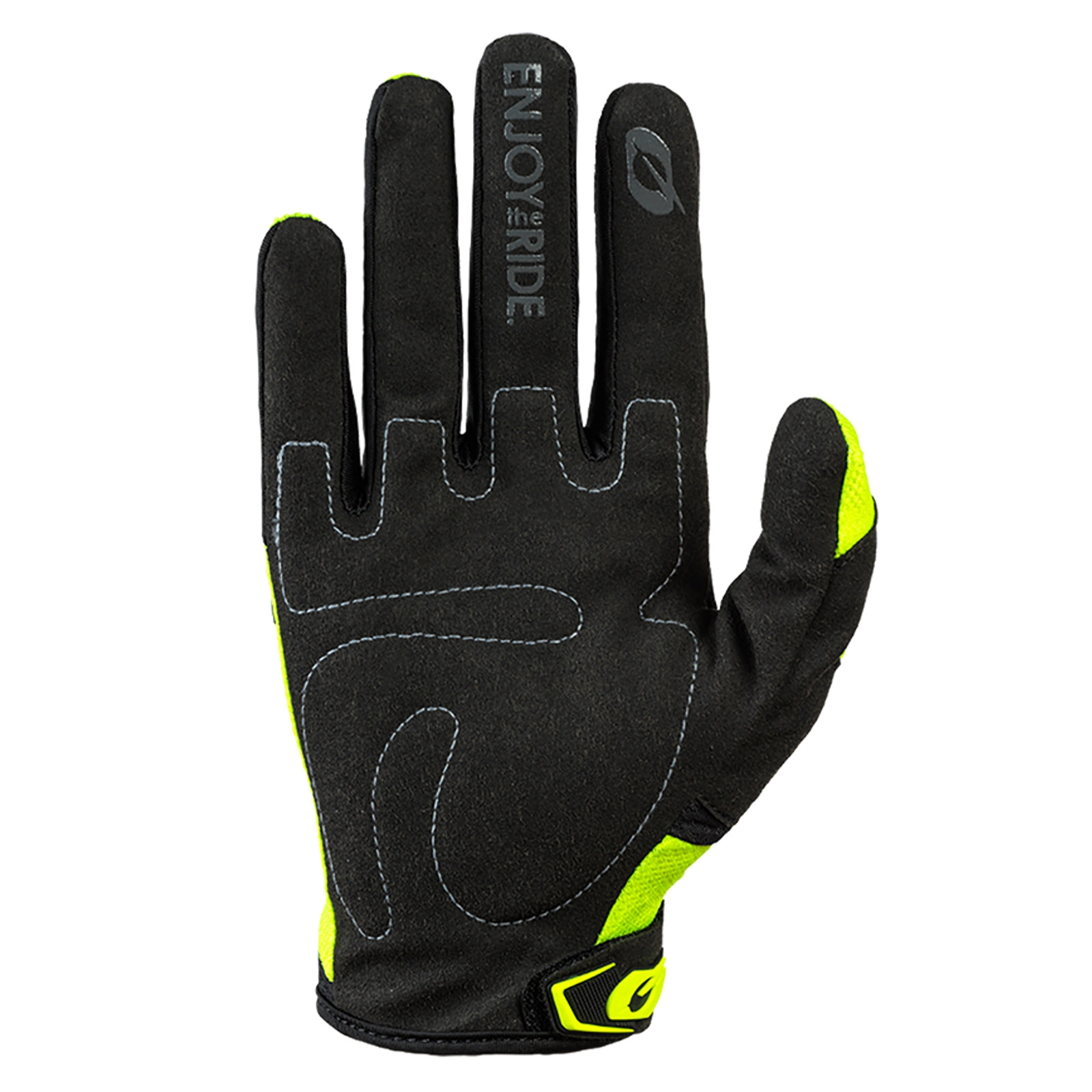 Ein schwarzer Radhandschuh mit neongelben Akzenten, weißen Nähten und dem Text 'ENJOY THE RIDE' auf dem Mittelfinger.