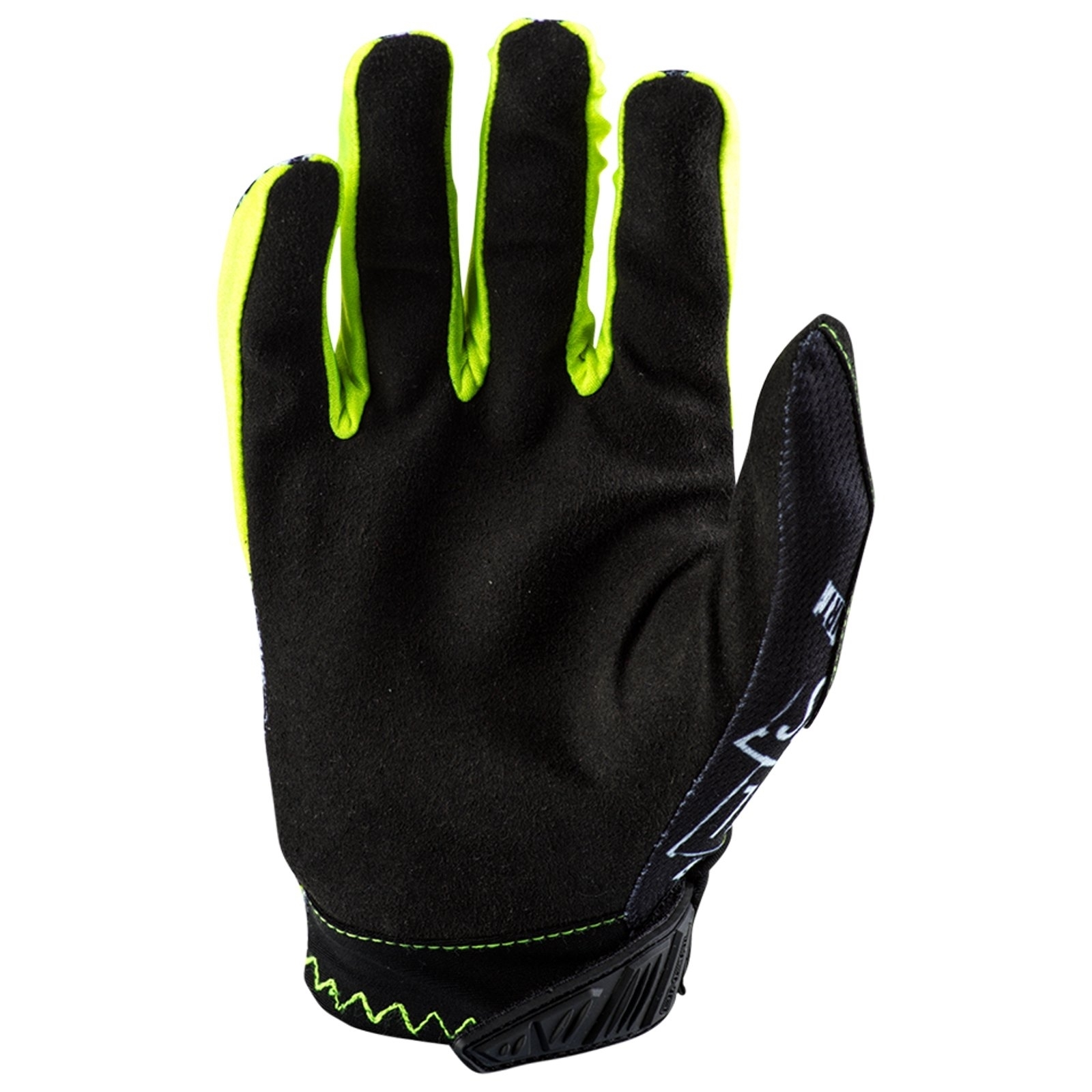Ein schwarz-neongrüner Sporthandschuh, die Handfläche zeigt nach vorne auf weiBem Hintergrund.