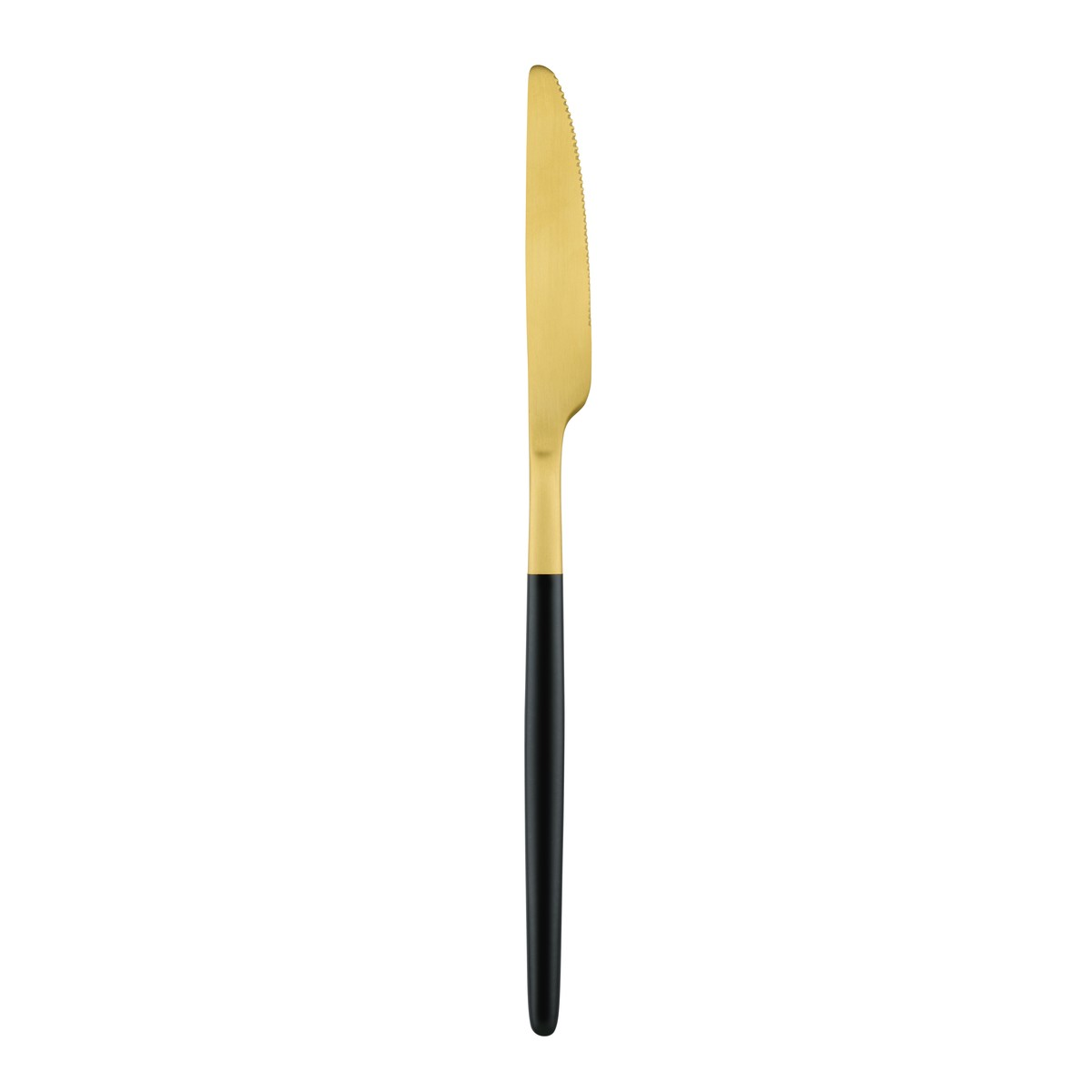 Ein goldenes Tafelmesser mit schwarzem Griff auf weißem Grund.