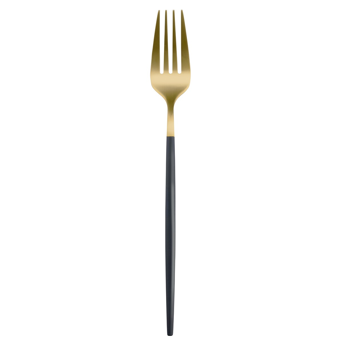 Eine goldfarbene Gabel mit einem schlanken, mattschwarzen Griff auf weißem Hintergrund.