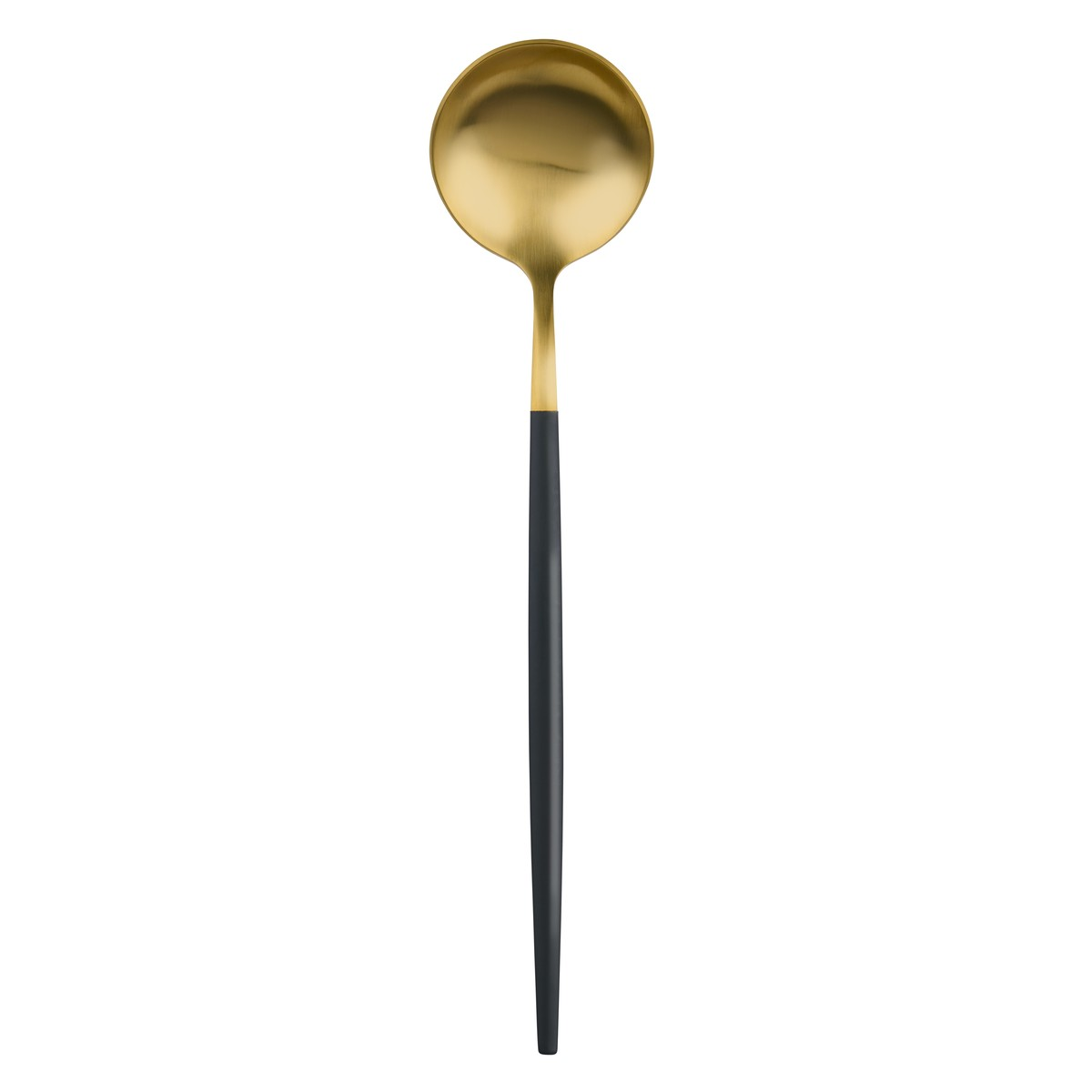 Ein goldfarbener Löffel mit einem mattschwarzen Griff vor weißem Hintergrund.