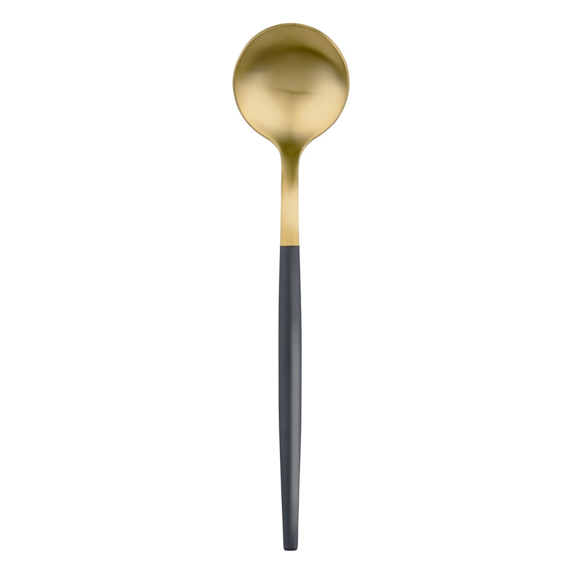 Ein goldener Löffel mit einem mattgrauen Griff vor weißem Hintergrund.