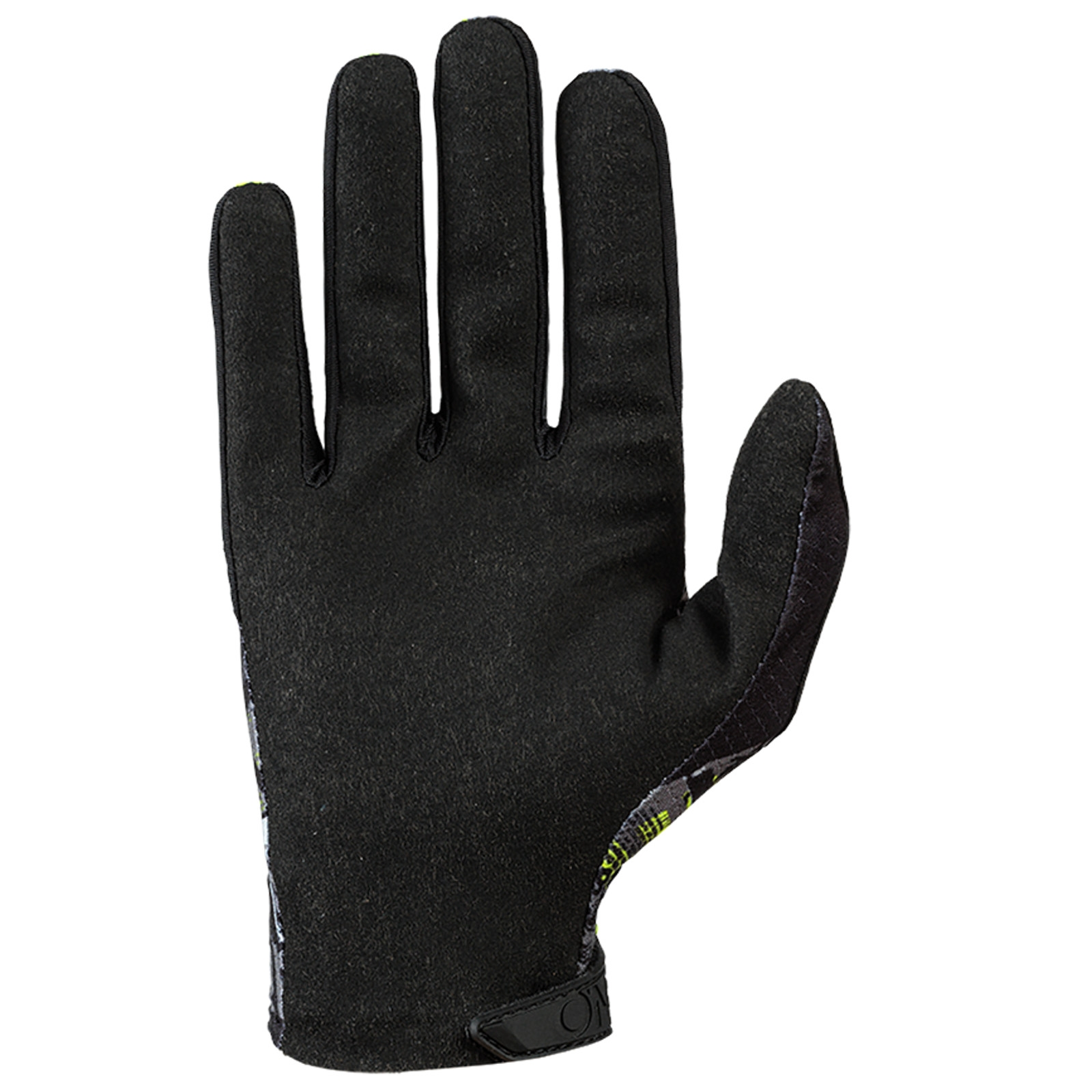 Ein einzelner schwarzer Sport Handschuh mit farbigen Mustern an der Seite gegen einen weißen Hintergrund.