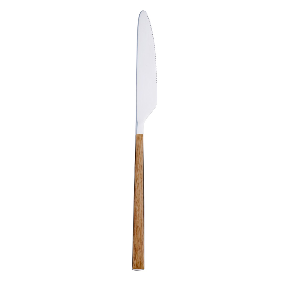Ein silbernes Tafelmesser mit einem Holzmuster-Griff auf weißem Hintergrund.