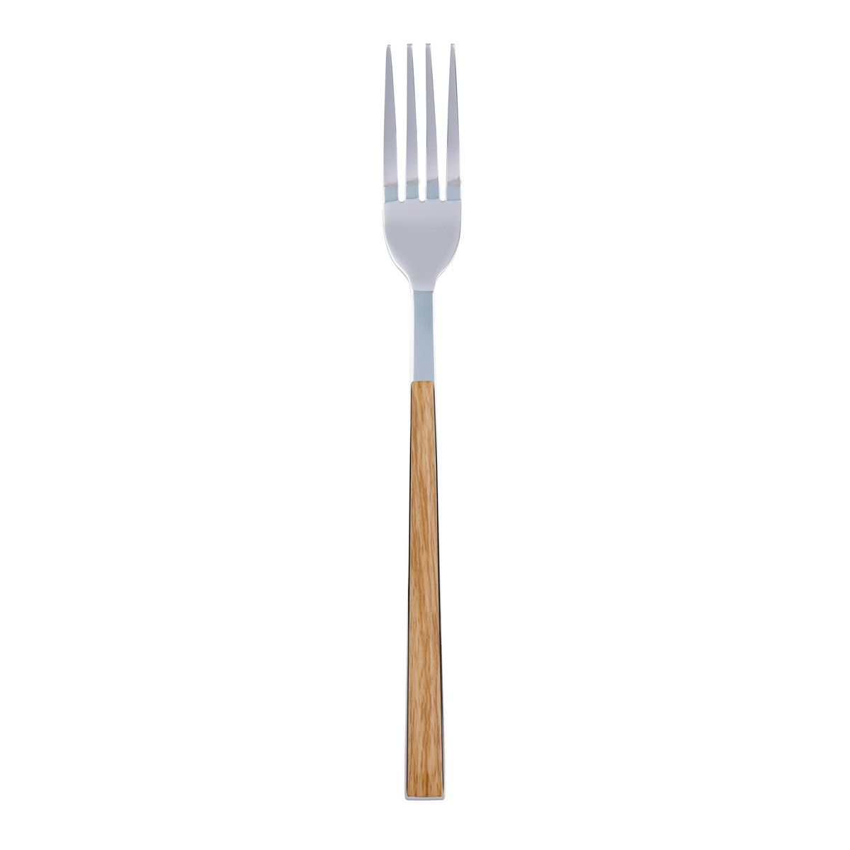 Eine edle silberne Gabel mit einem stilvollen, hellbraunen Holzgriff vor weißem Hintergrund.