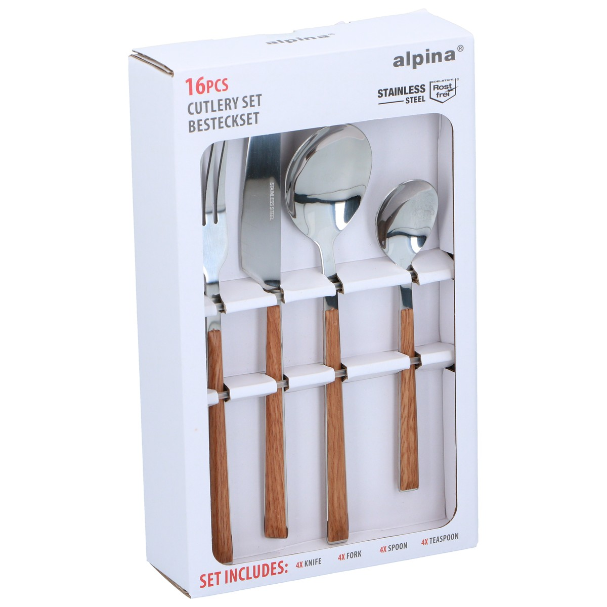Alpina Besteckset aus Edelstahl mit Holzgriffen in einer weißen Verpackung.