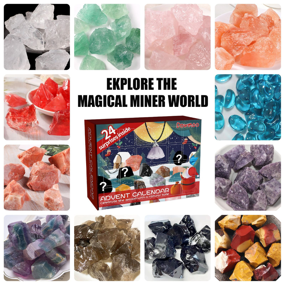 Ein Miner-Adventskalender zeigt verschiedene bunte Edelsteine und Kristalle.