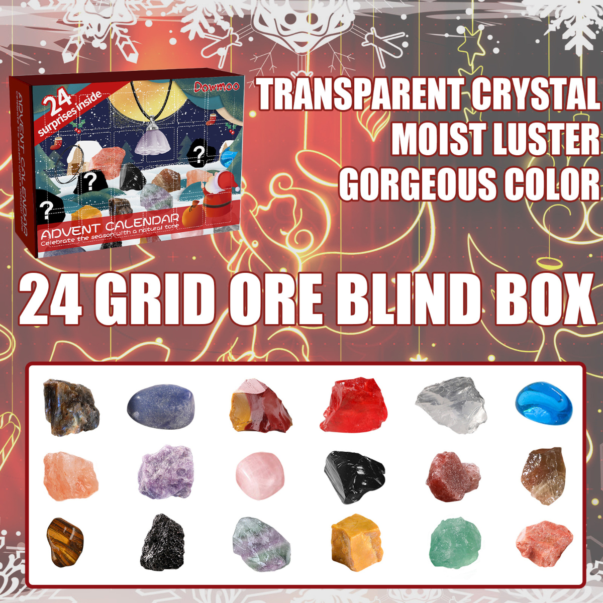 Ein Adventskalender für Kristalle und Erze mit vierundzwanzig verschiedenen Roh- und Polierten Mineralproben.