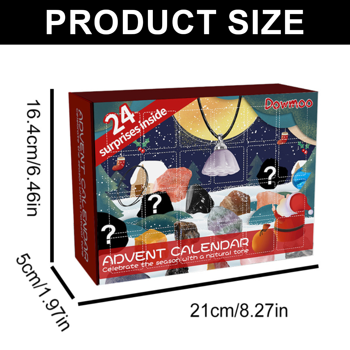 Produktgrößengrafik einer Adventskalenderbox mit 24 Überraschungen, Maße 16,4x21x5 cm.