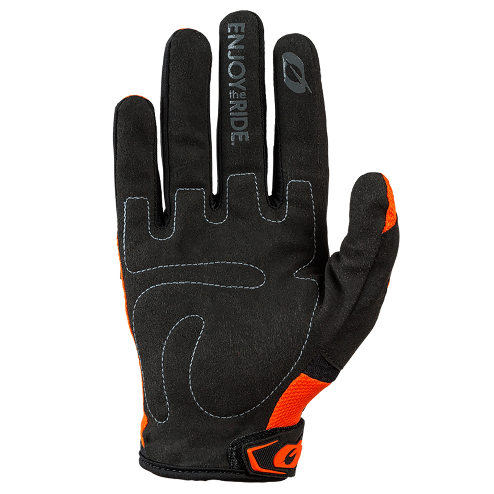 Schwarzer Radhandschuh mit orangefarbenen Akzenten, Text und Logo auf der Innenhand gegen weißen Hintergrund.