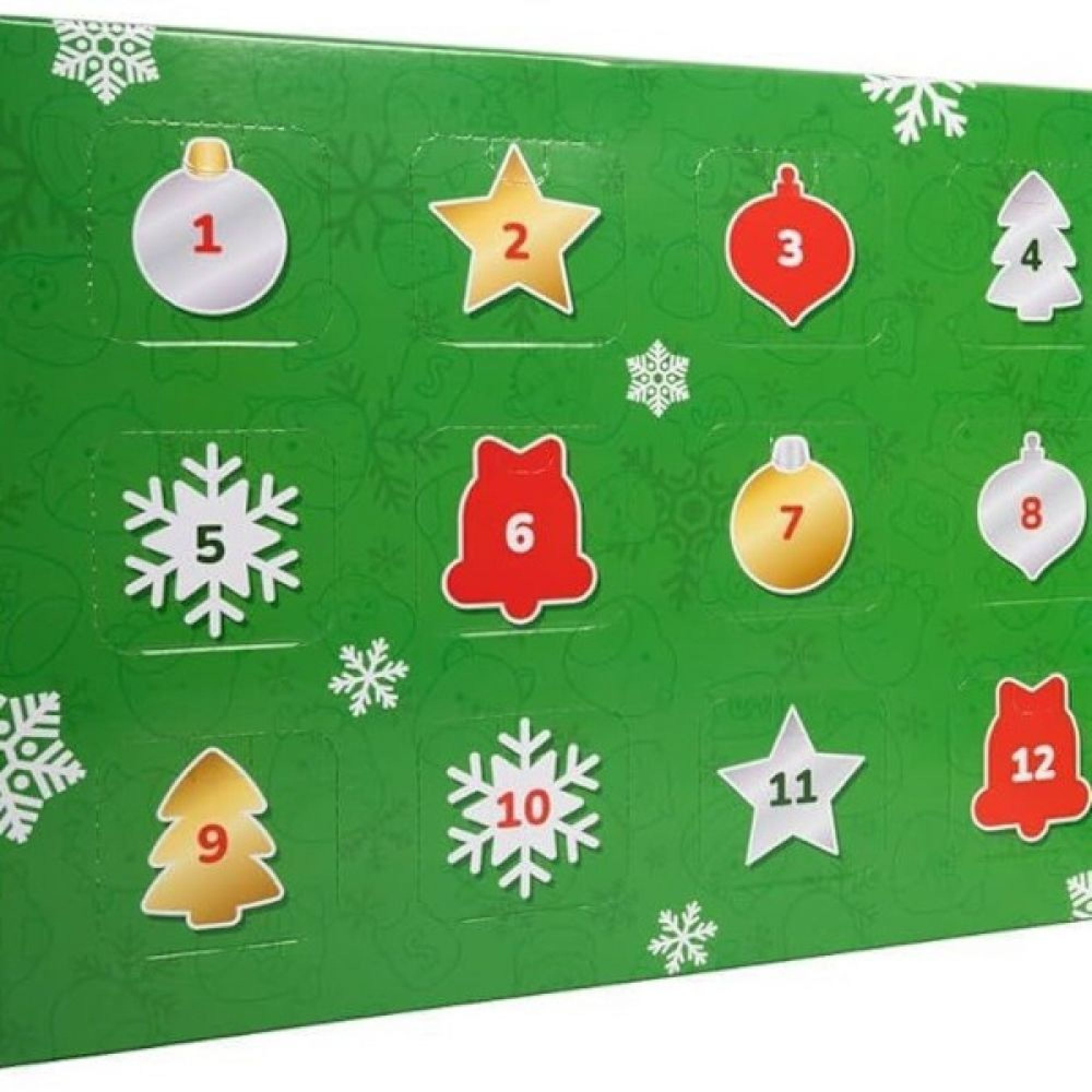 Grüner Weihnachtskalender mit nummerierten Türchen in Form von Sternen, Glocken und Schneeflocken.